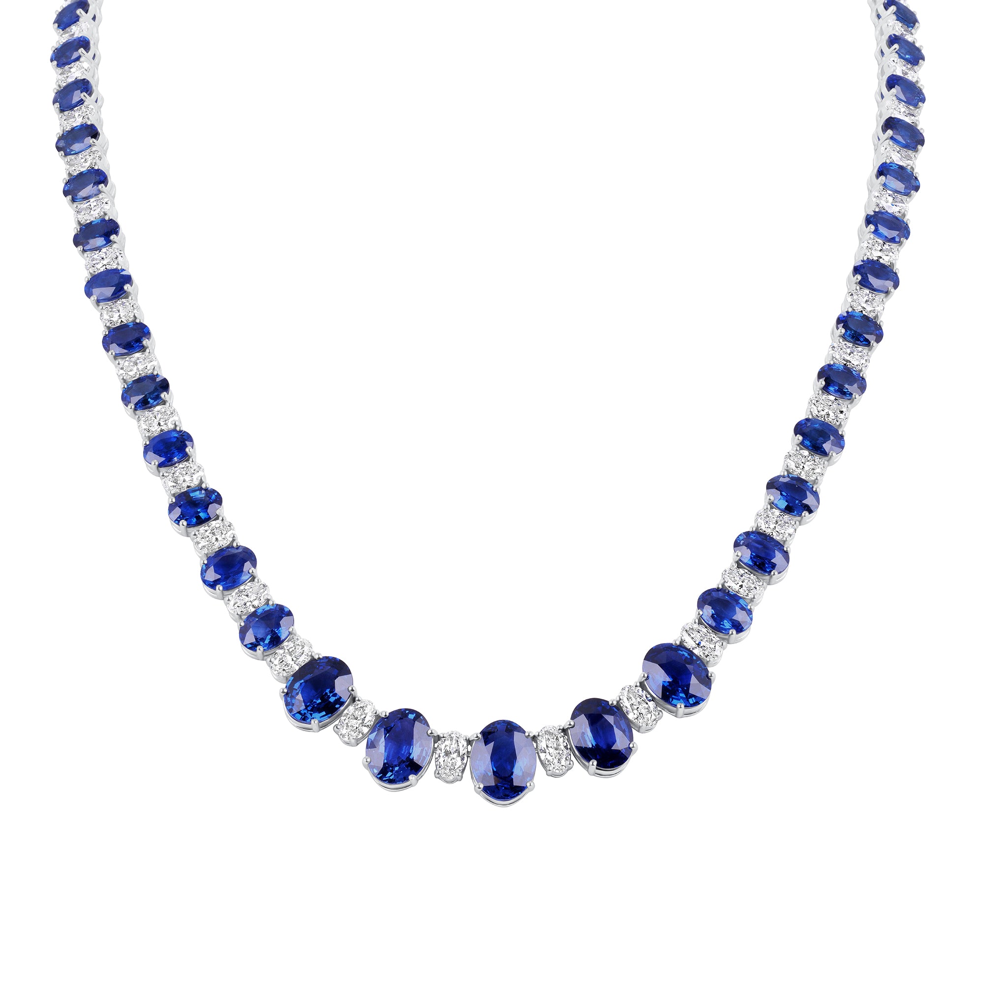 Alternating Oval Cut Sapphire & Diamond Graduated Tennis Necklace