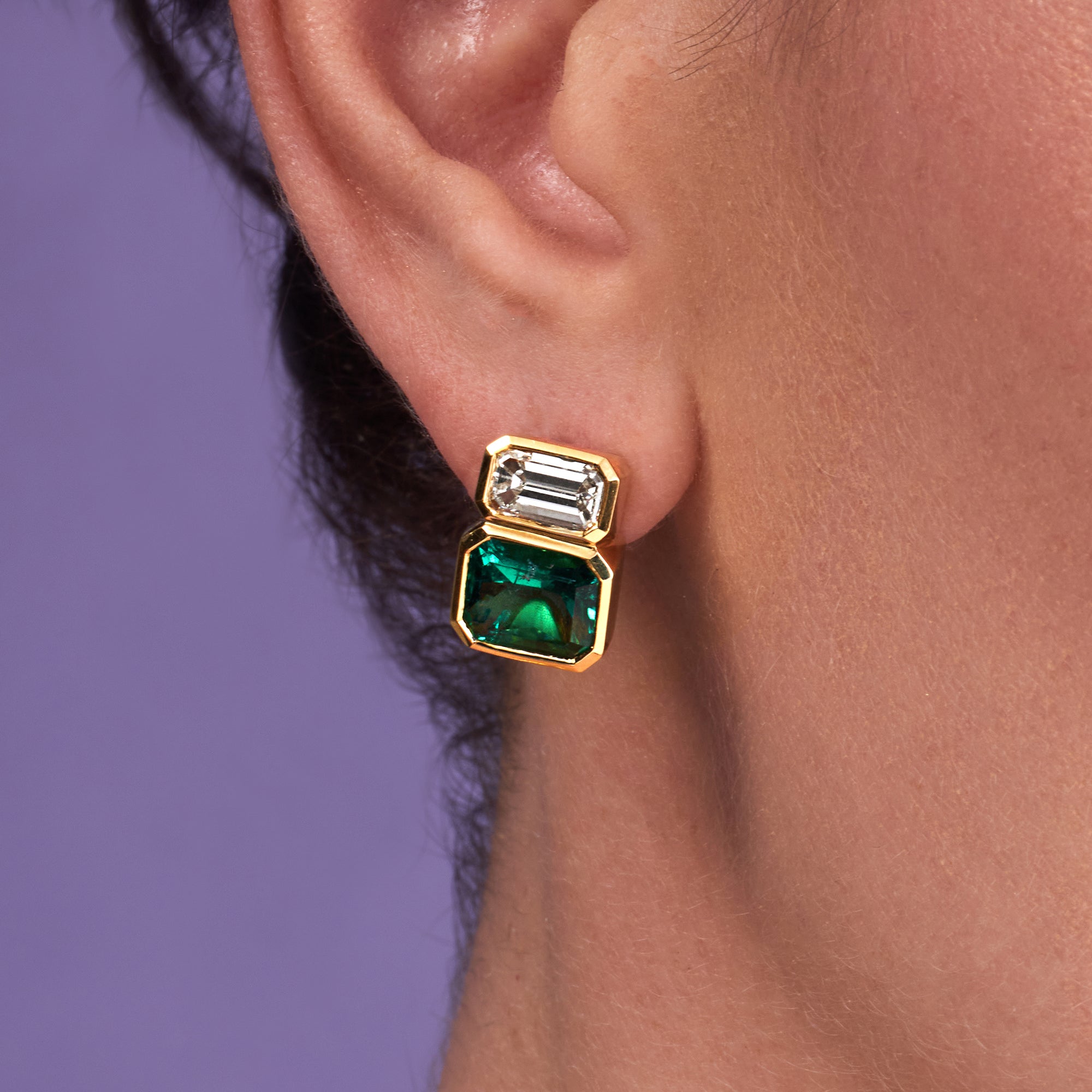 Green Emeralds and Emerald Cut Diamonds Earrings in 18k Yellow Gold