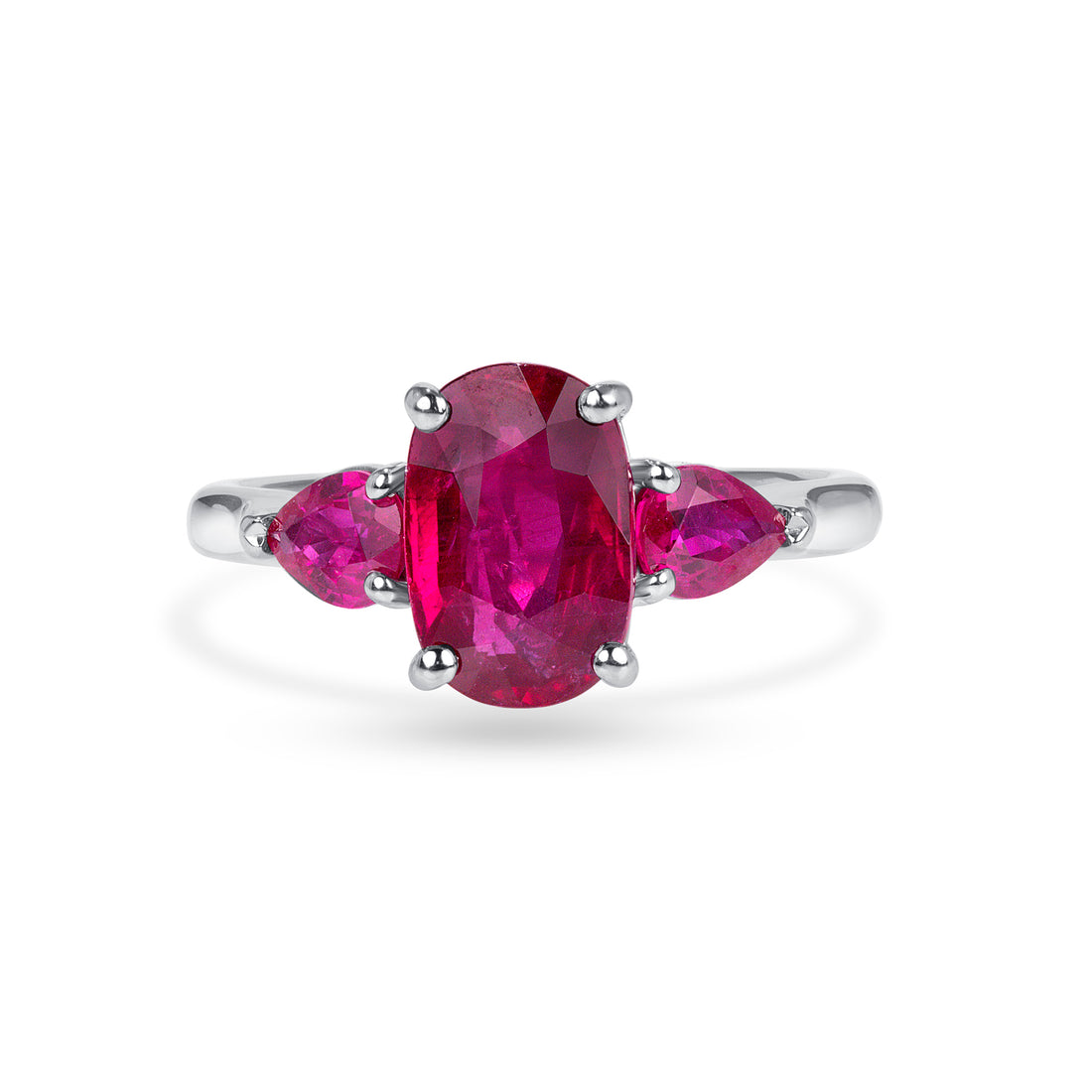 Oval and Pear Shape Ruby Three Stone Ring