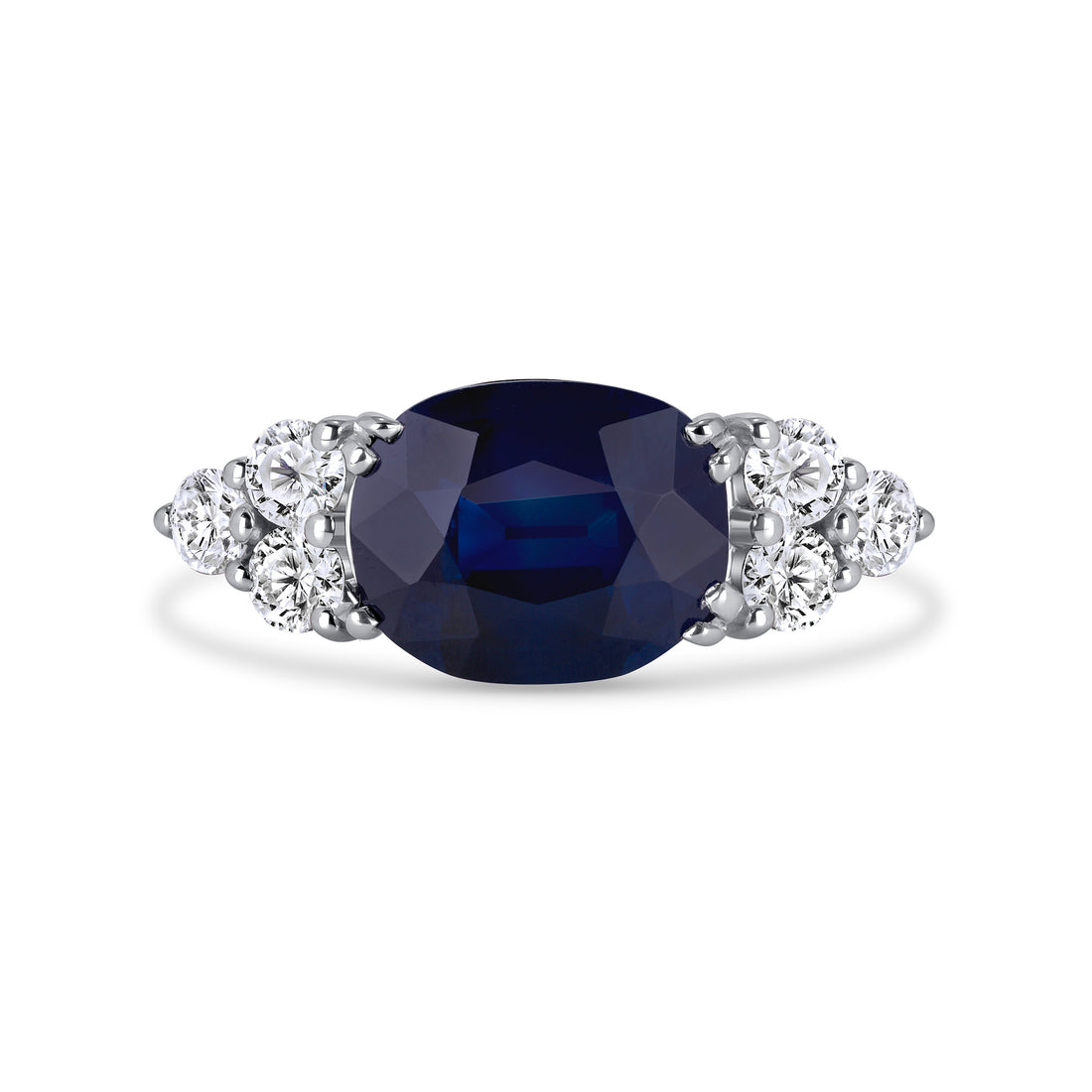 Cushion Cut Sapphire & Round Brilliant Cut Diamond Cluster Side Accents Ring