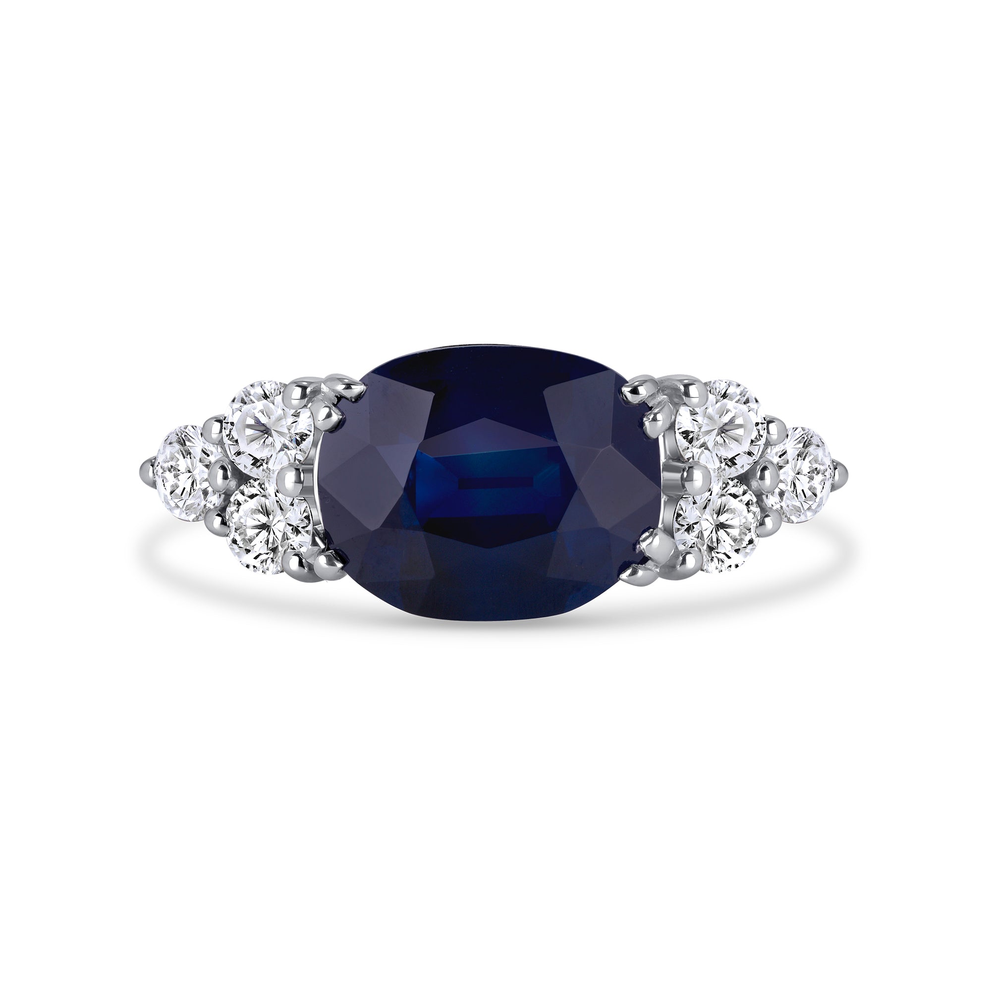 Cushion Cut Sapphire & Round Brilliant Cut Diamond Cluster Side Accents Ring