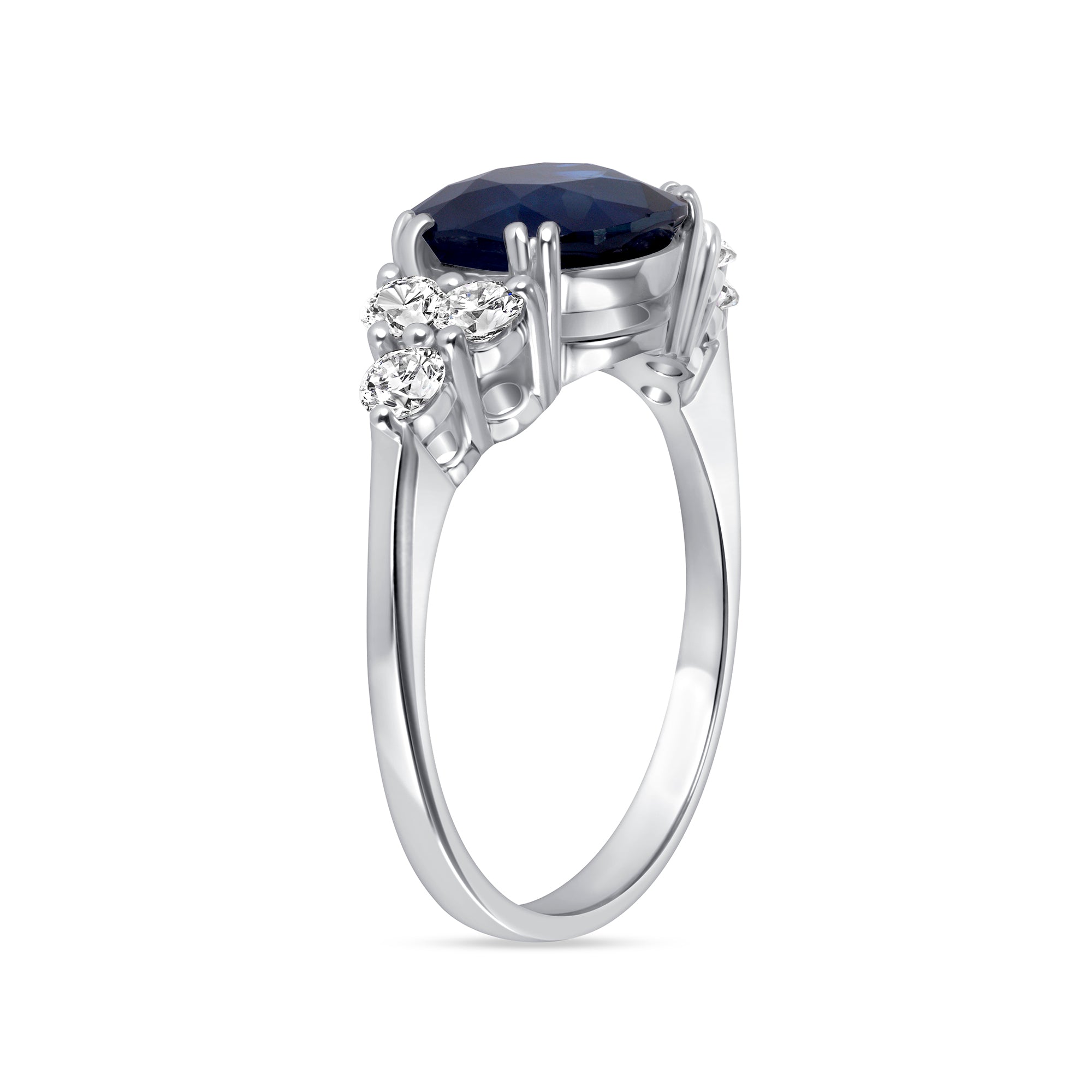 Cushion Cut Sapphire & Round Brilliant Cut Diamond Cluster Side Accents Ring