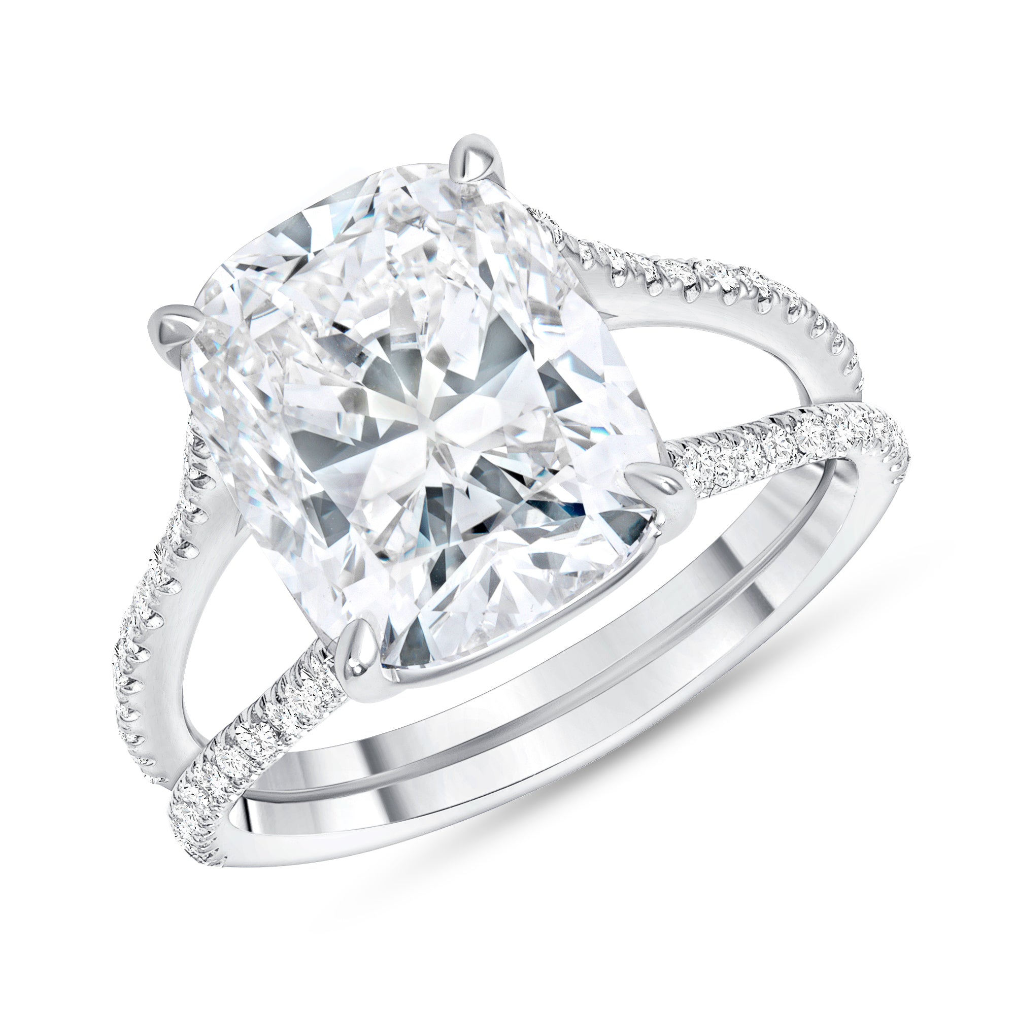 Cushion Cut Diamond Double Shank Ring with Pavé Diamonds