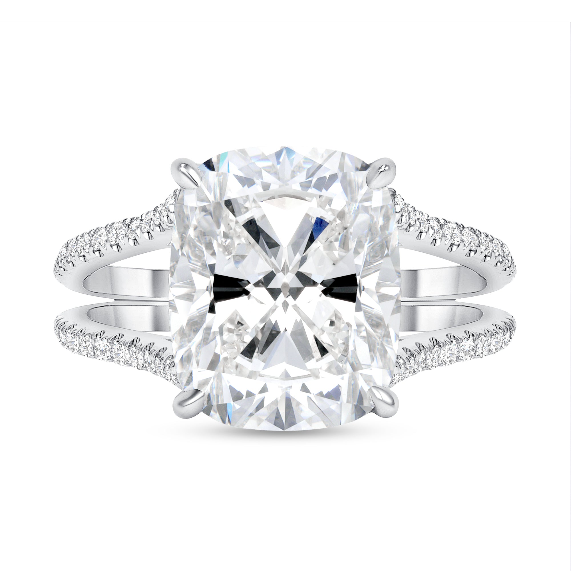 Cushion Cut Diamond Double Shank Ring with Pavé Diamonds