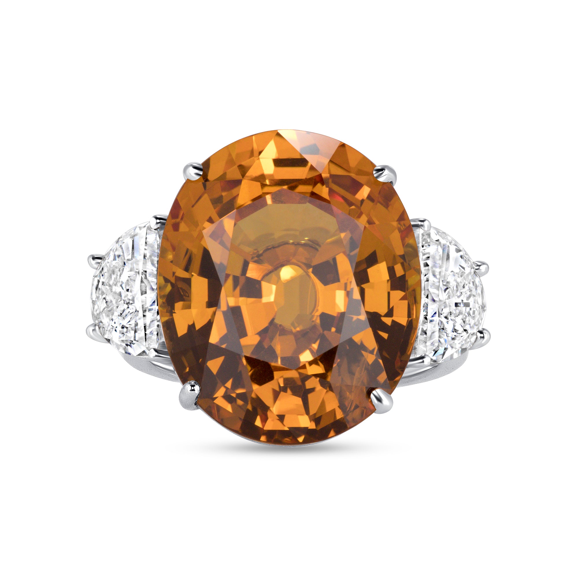 Oval Cut Sri Lanka Sapphire & Half Moon Cut Diamond Three Stone Ring