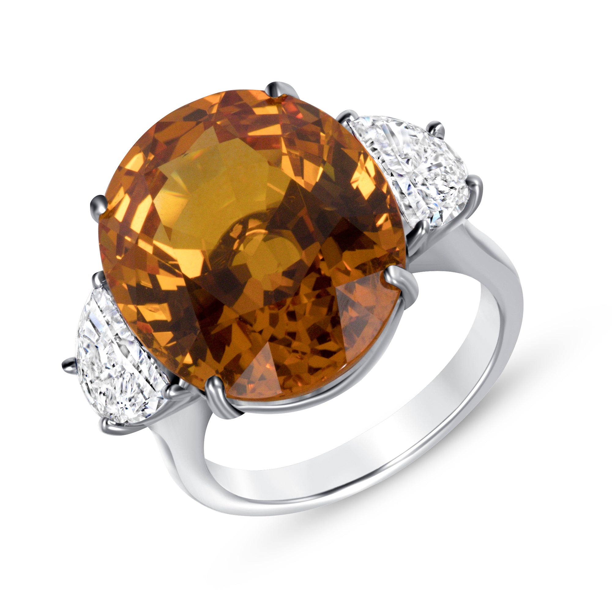 Oval Cut Sri Lanka Sapphire & Half Moon Cut Diamond Three Stone Ring