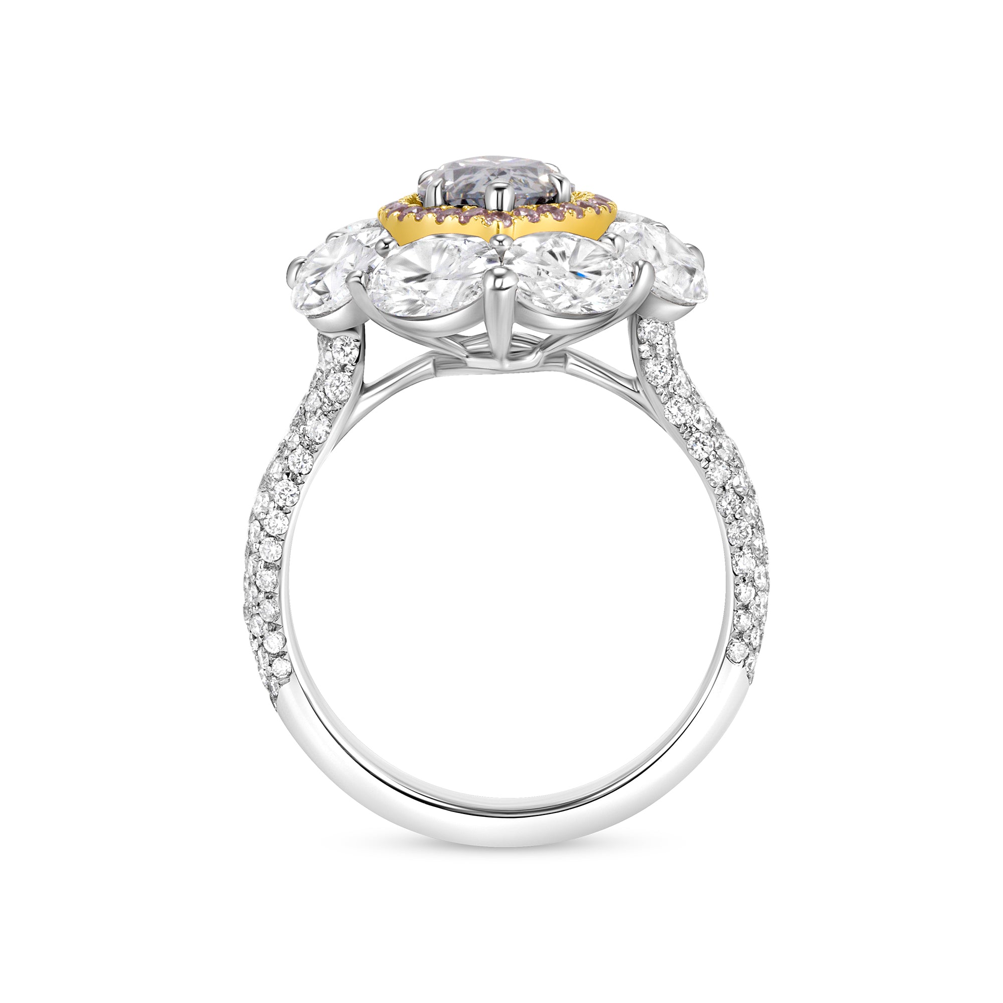 Marquise Cut Blue Diamond Ring with Pink & White Diamond Double Halo