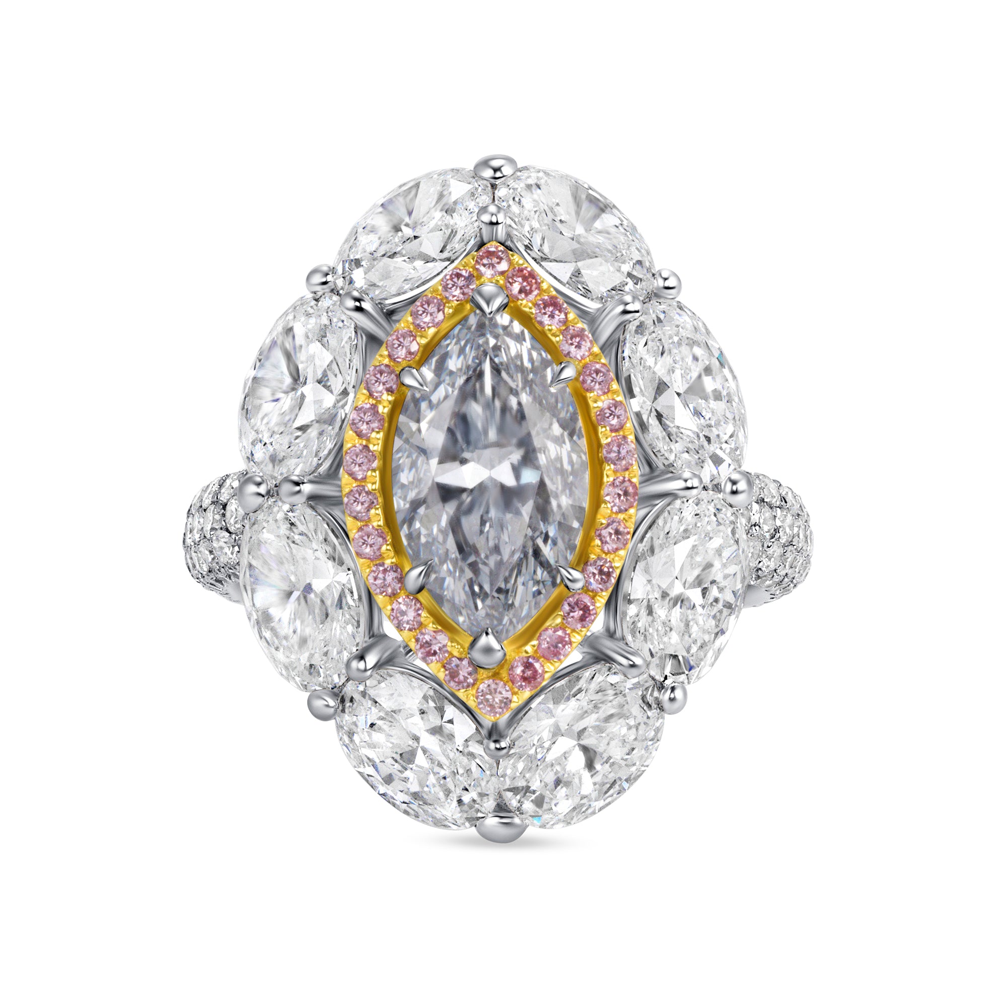 Marquise Cut Blue Diamond Ring with Pink & White Diamond Double Halo