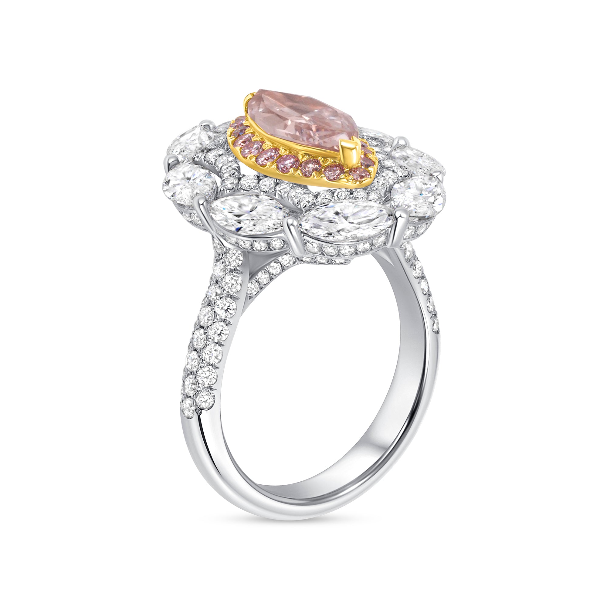 Marquise Cut Fancy Orange-Pink Diamond Ring with Pink & White Diamond Double Halo