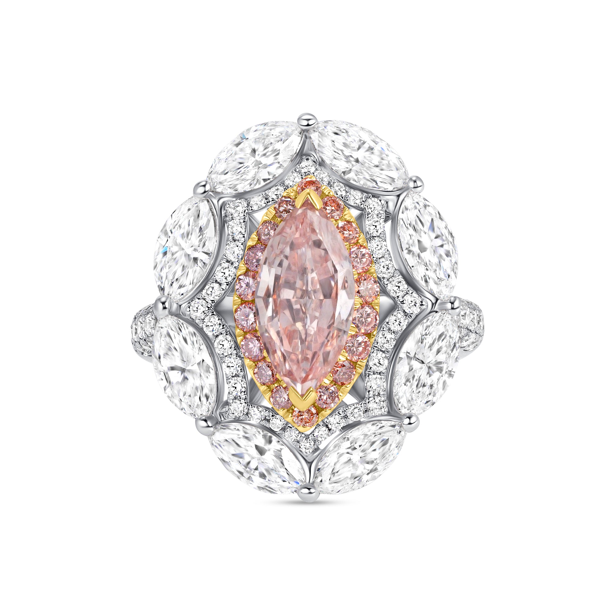 Marquise Cut Fancy Orange-Pink Diamond Ring with Pink & White Diamond Double Halo
