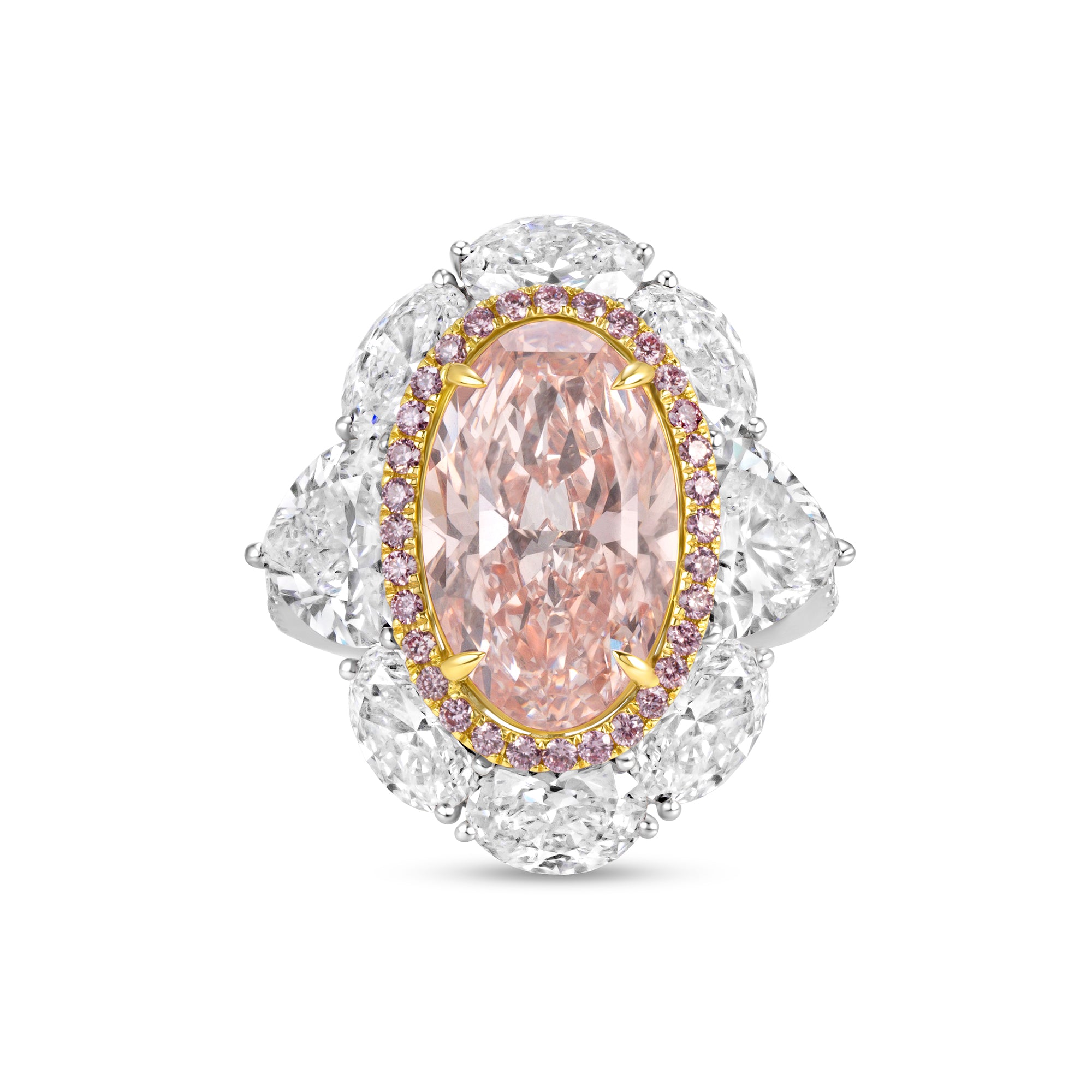 Oval Cut Light Brown-Pink Diamond Ring with Pink & White Diamond Halo