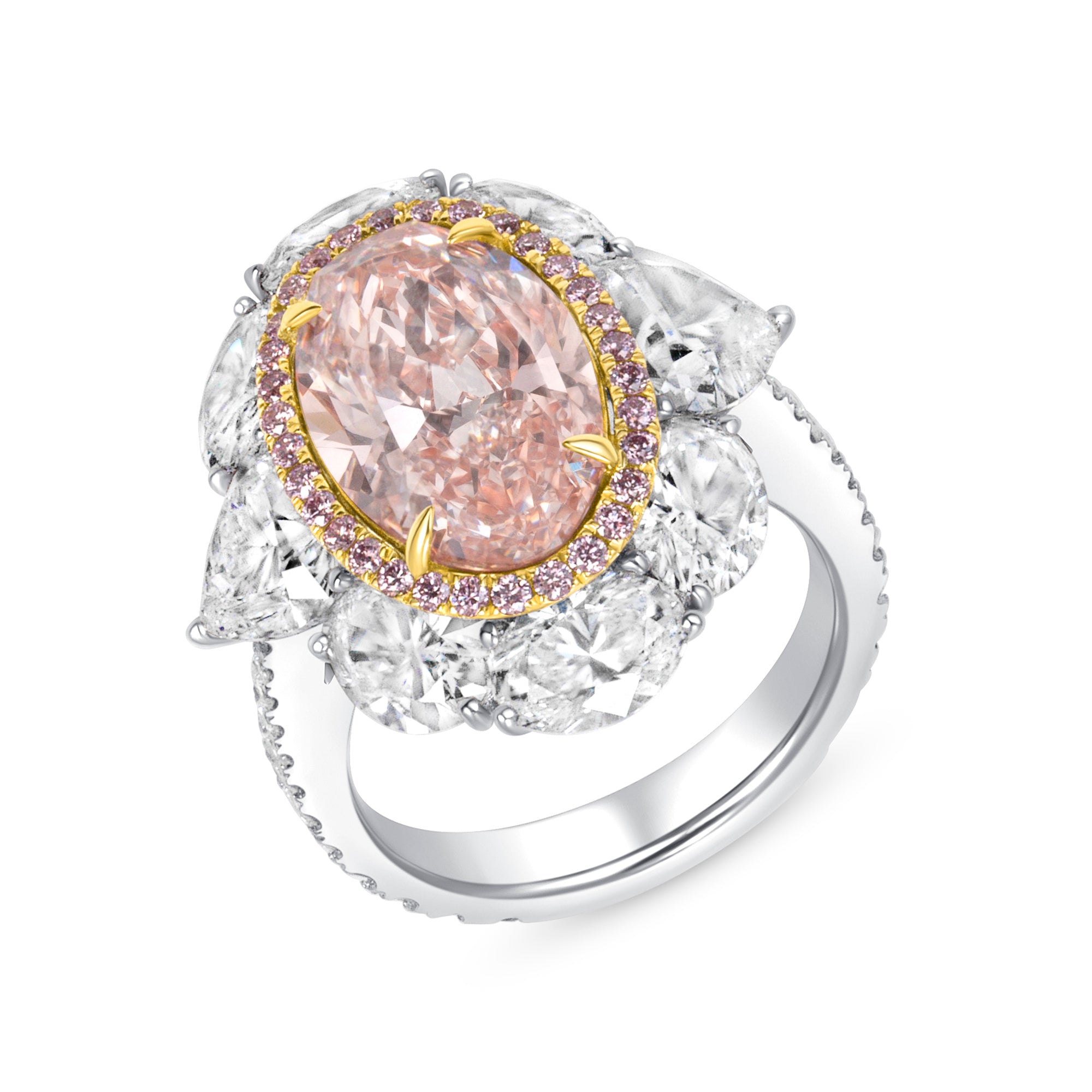 Oval Cut Light Brown-Pink Diamond Ring with Pink & White Diamond Halo