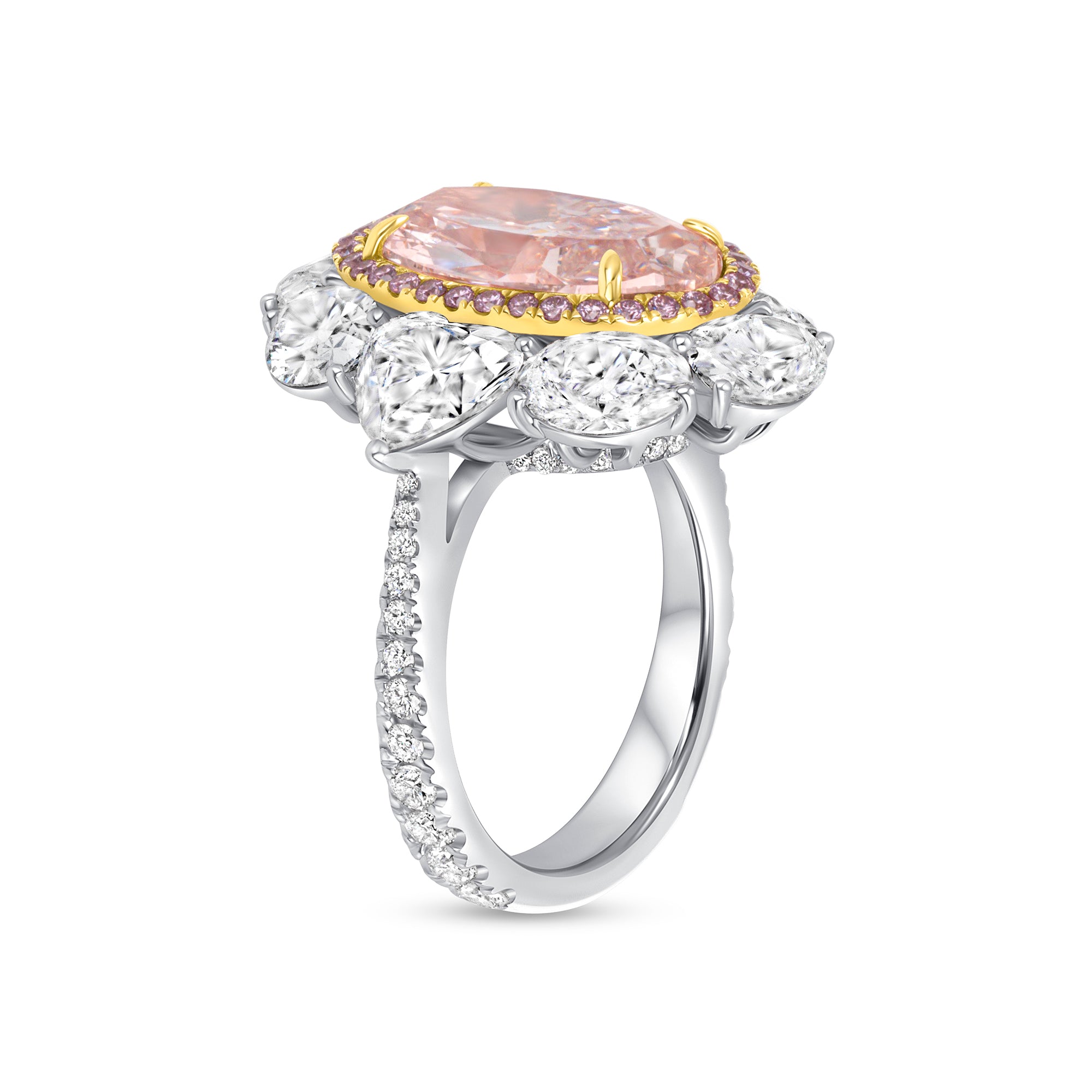 Oval Cut Light Brown-Pink Diamond Ring with Pink & White Diamond Halo