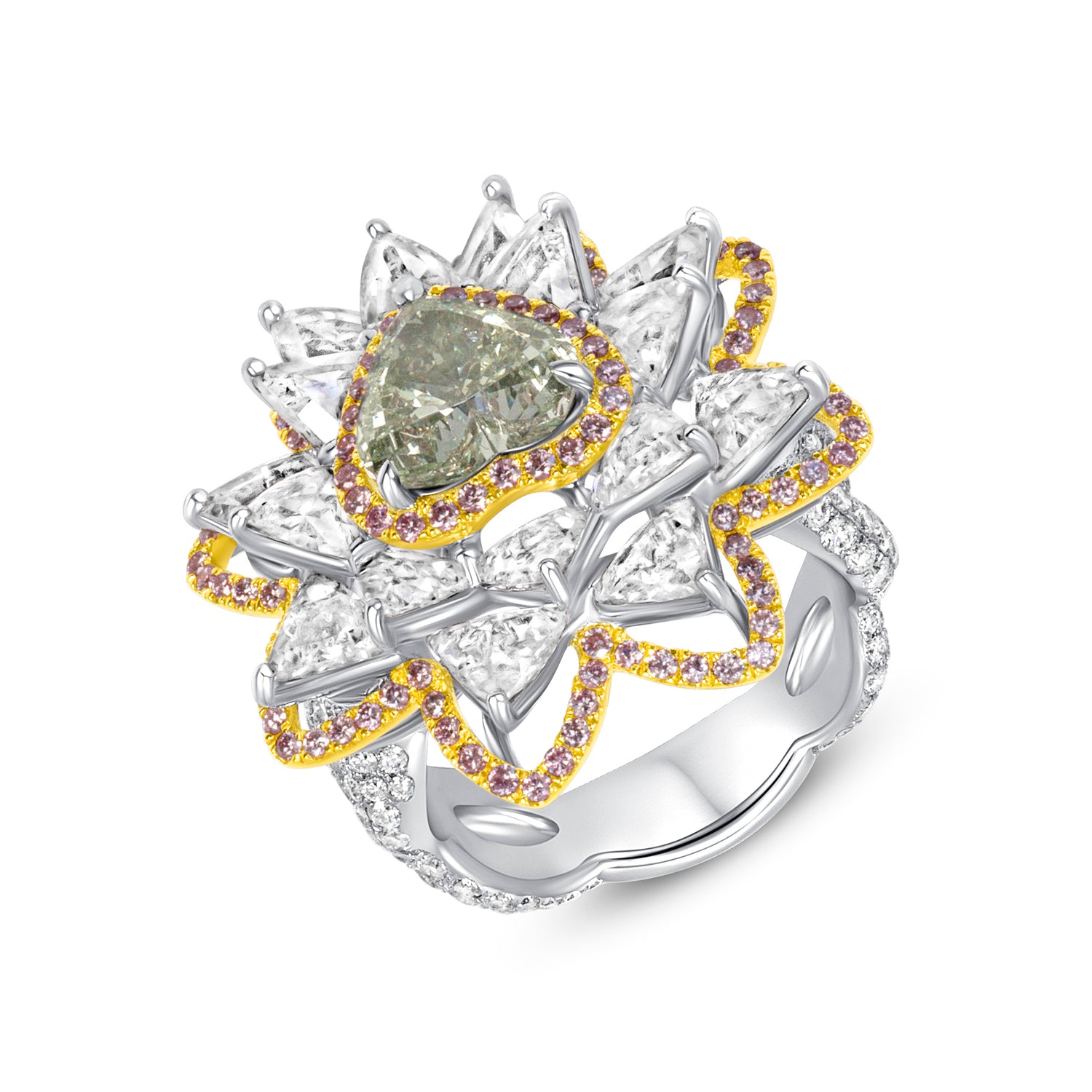 Heart Cut Fancy Yellow-Green Diamond Flower Ring with White & Pink Diamond Halo