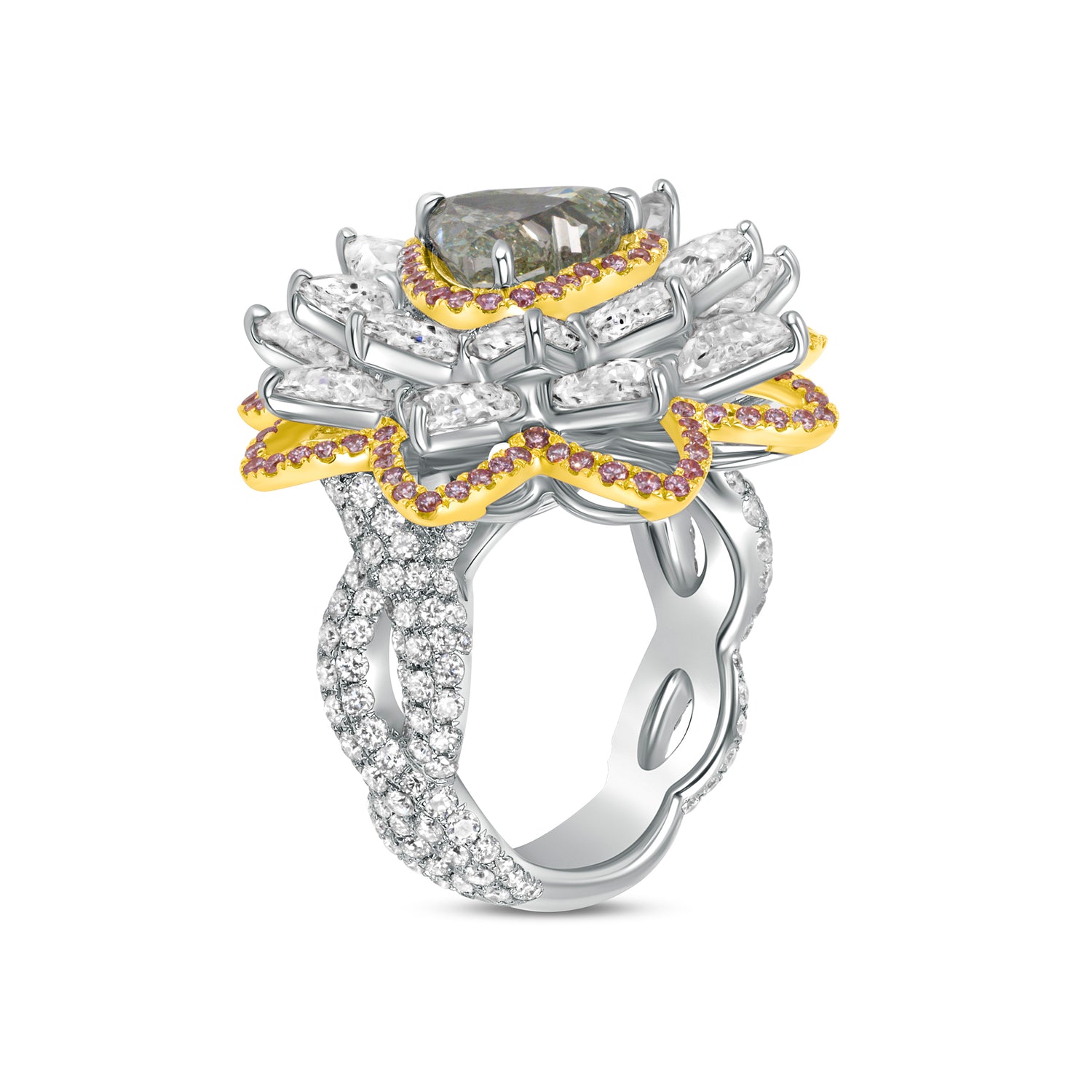 Heart Cut Fancy Yellow-Green Diamond Flower Ring with White & Pink Diamond Halo