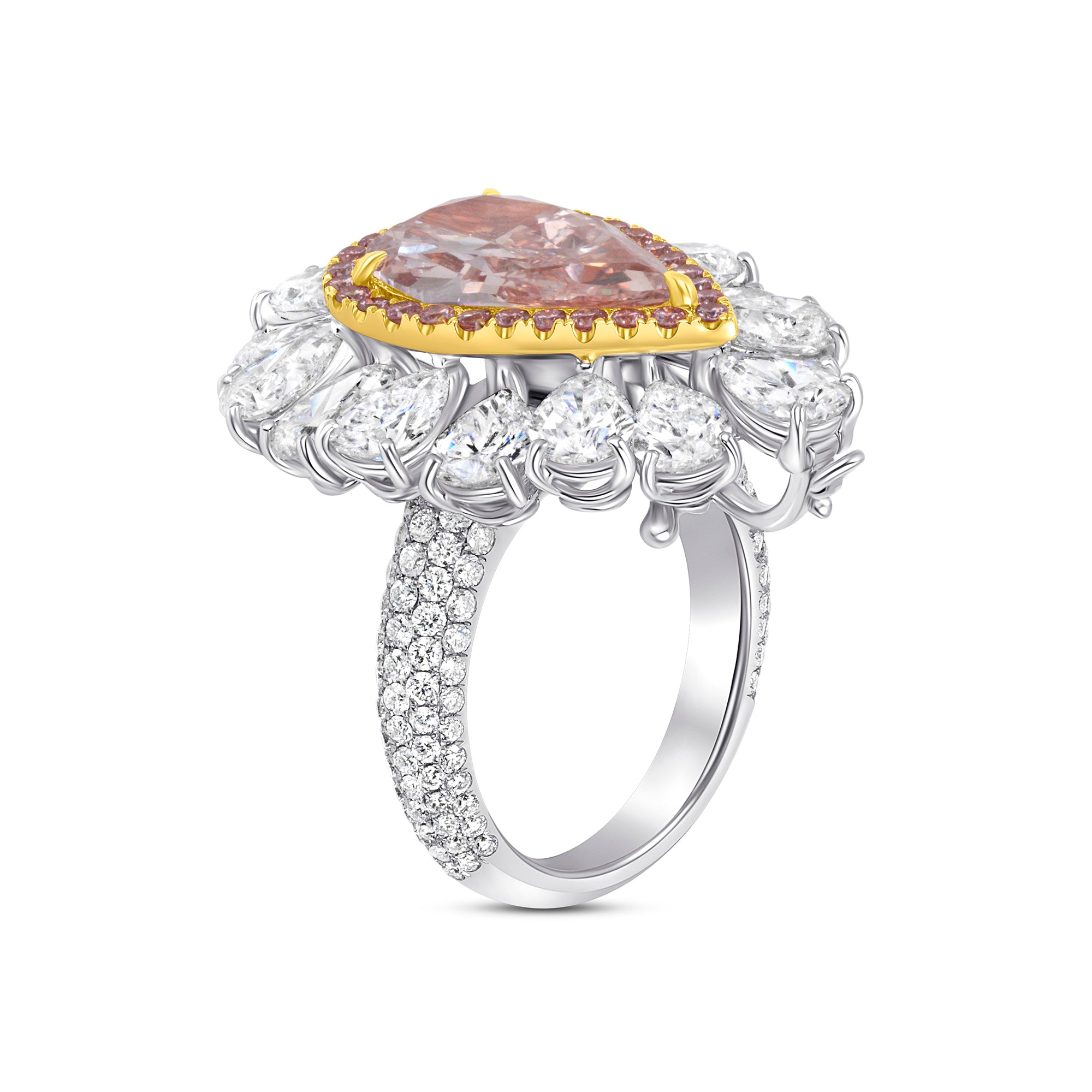 Fancy Brown-Pink Pear Cut Diamond Ring with Pink & White Diamond Halo