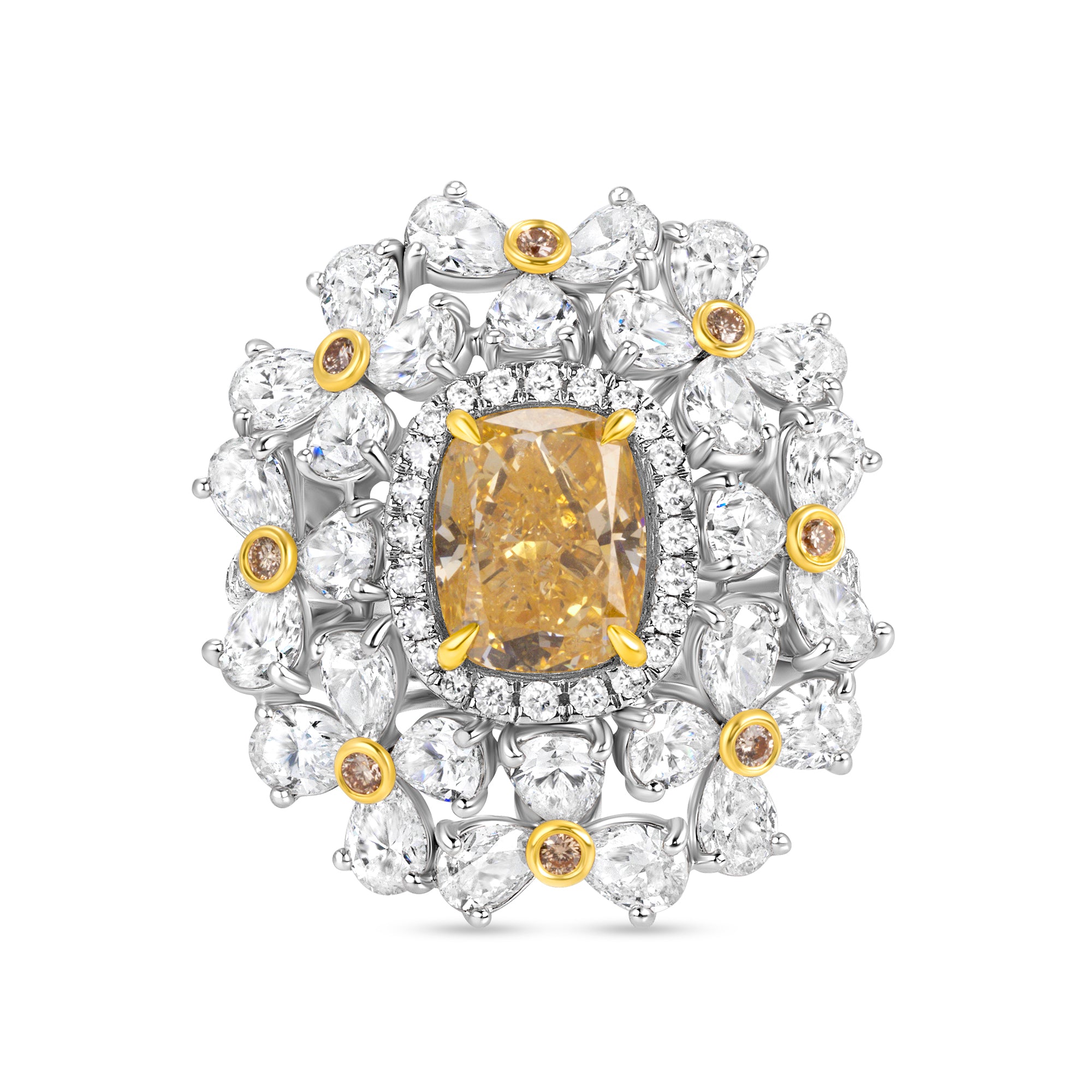 Cushion Cut Fancy Yellow-Orange Diamond Sun Ring with Yellow & White Diamond Halos