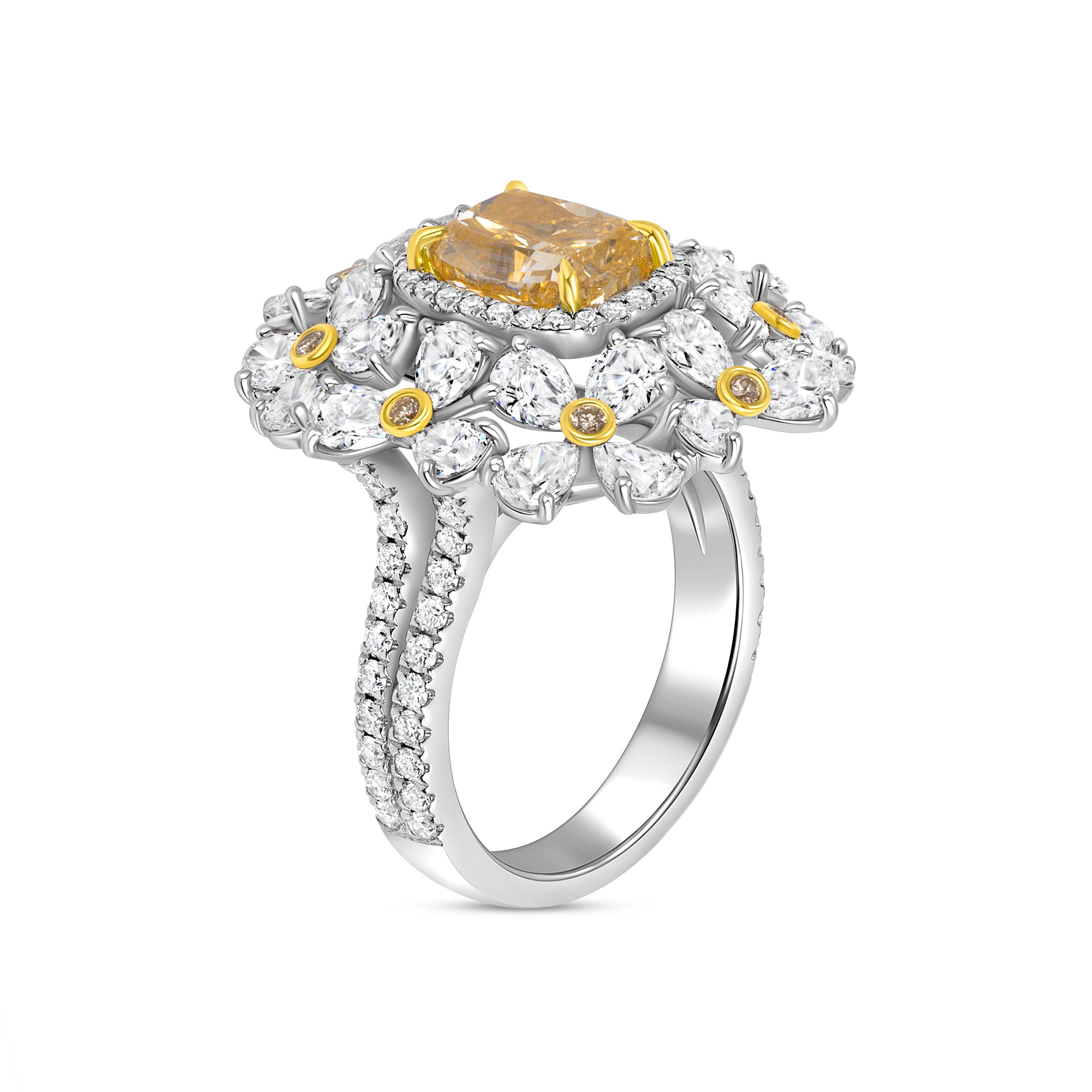 Cushion Cut Fancy Yellow-Orange Diamond Sun Ring with Yellow & White Diamond Halos