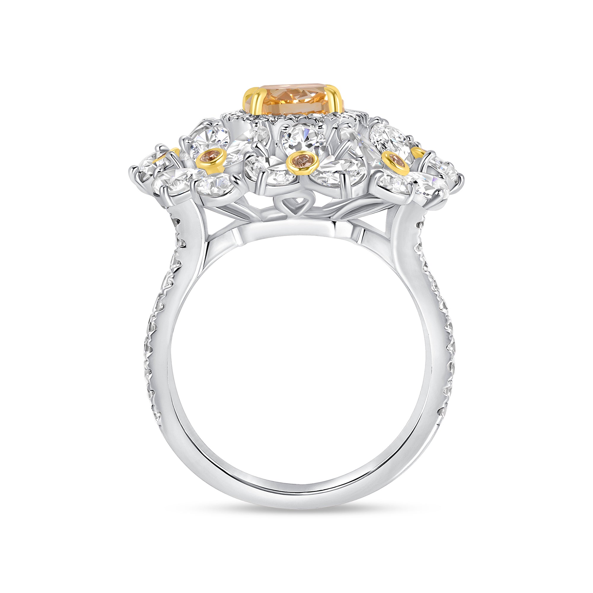 Cushion Cut Fancy Yellow-Orange Diamond Sun Ring with Yellow & White Diamond Halos