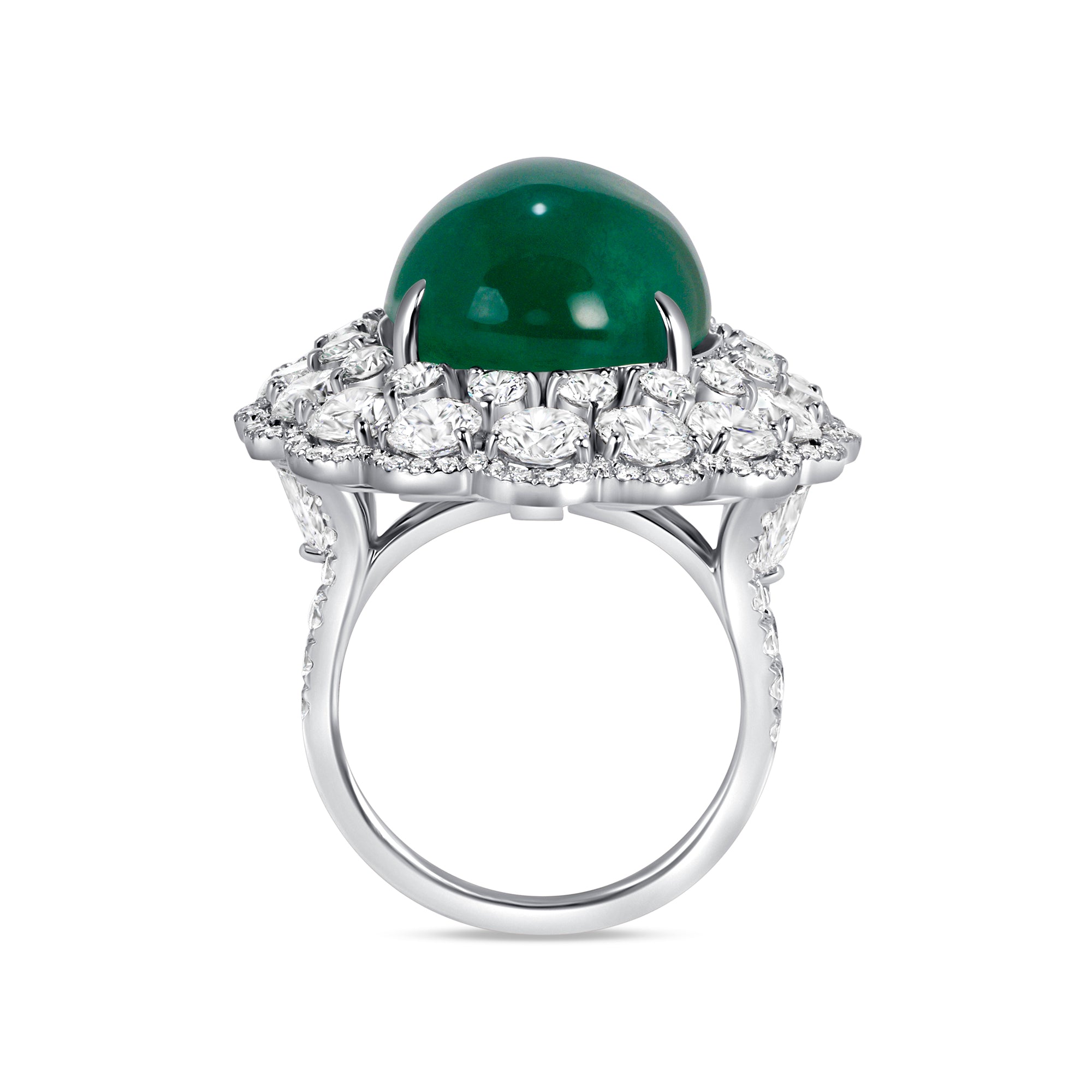 Oval Cabochon Emerald Ring with Triple Diamond Halos & Accents
