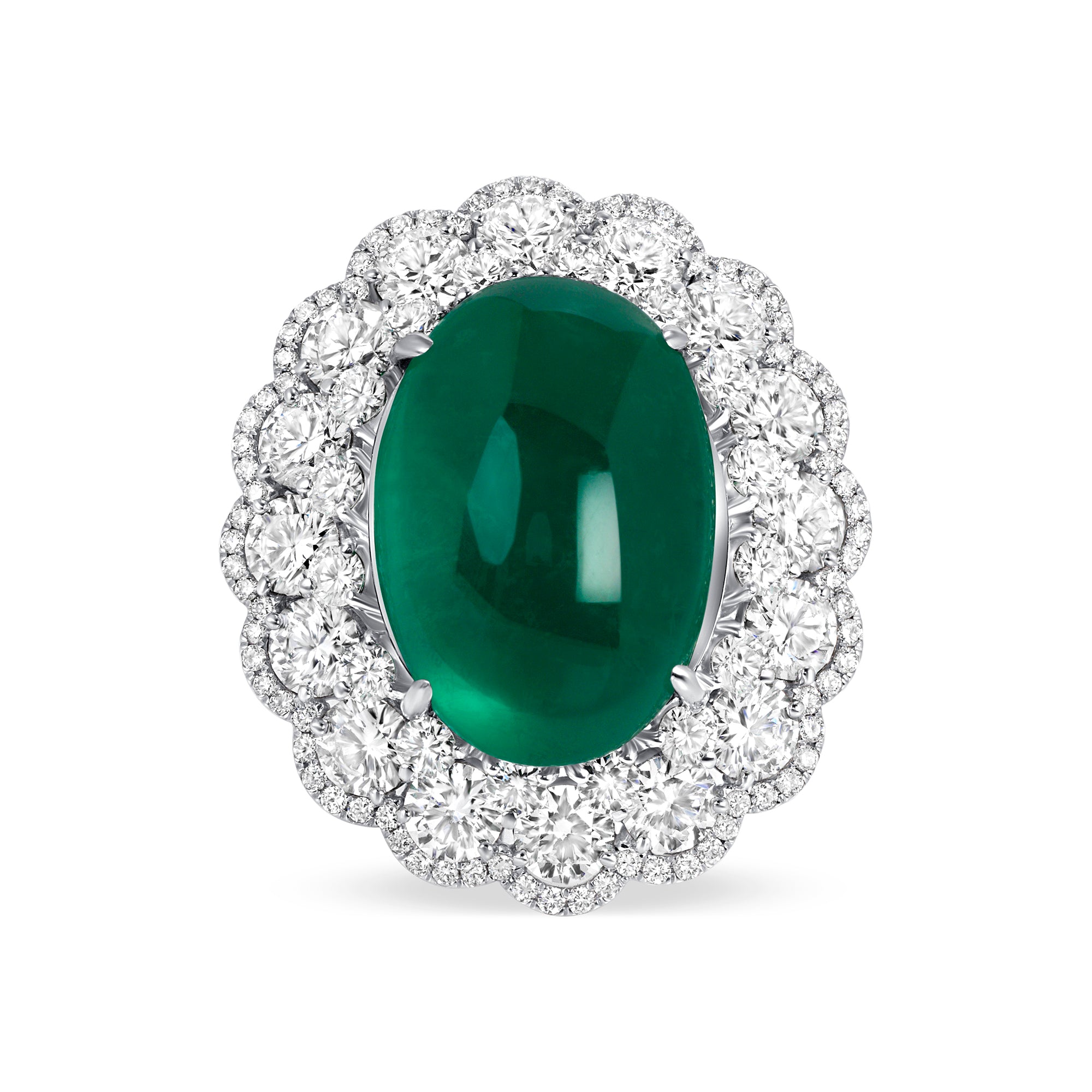 Oval Cabochon Emerald Ring with Triple Diamond Halos & Accents