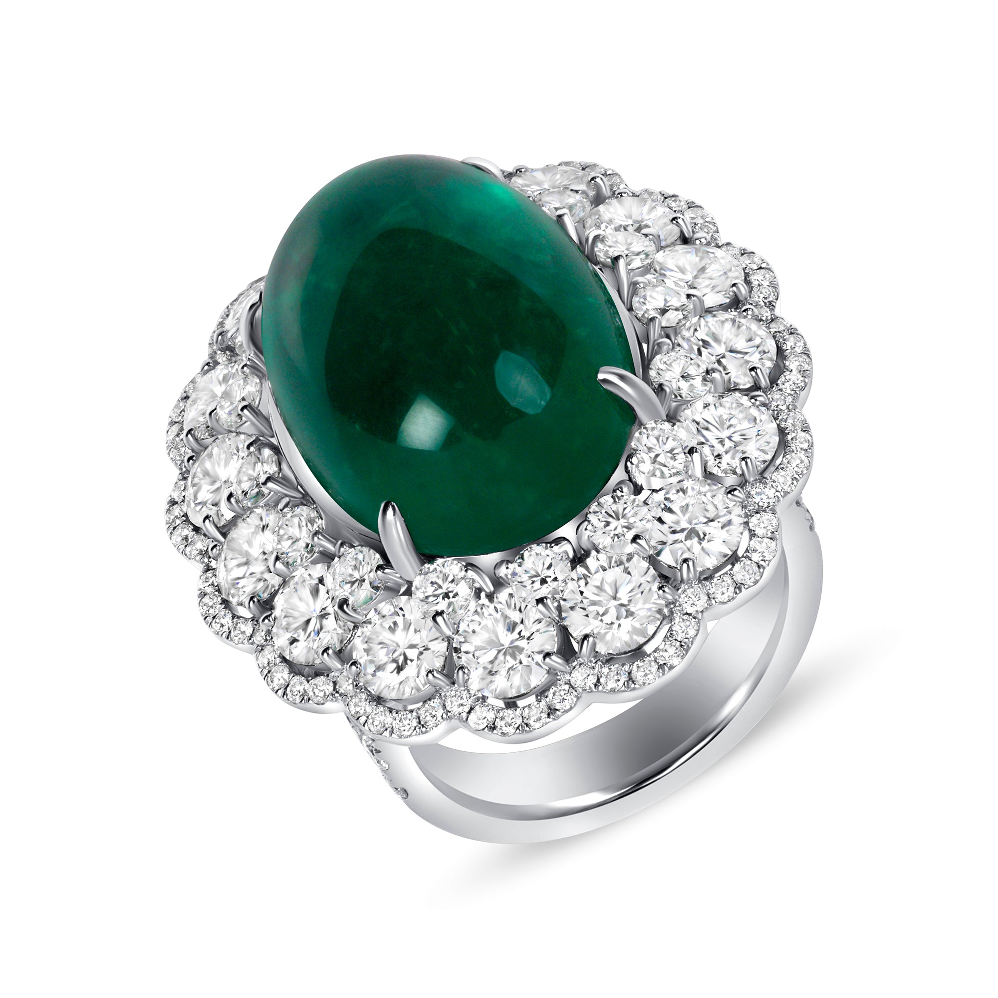 Oval Cabochon Emerald Ring with Triple Diamond Halos & Accents