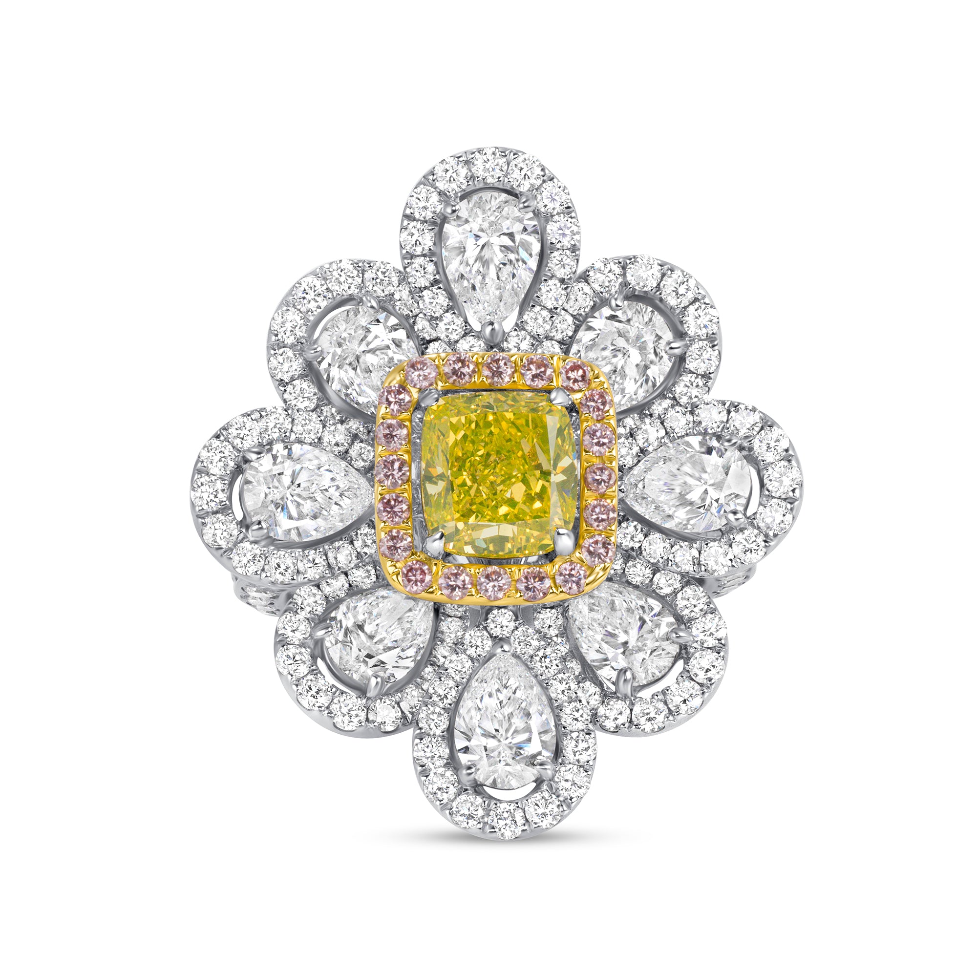 Cushion Cut Fancy Vivid Green-Yellow Diamond & Pink Diamond Halo Flower Ring with White Diamond Petals