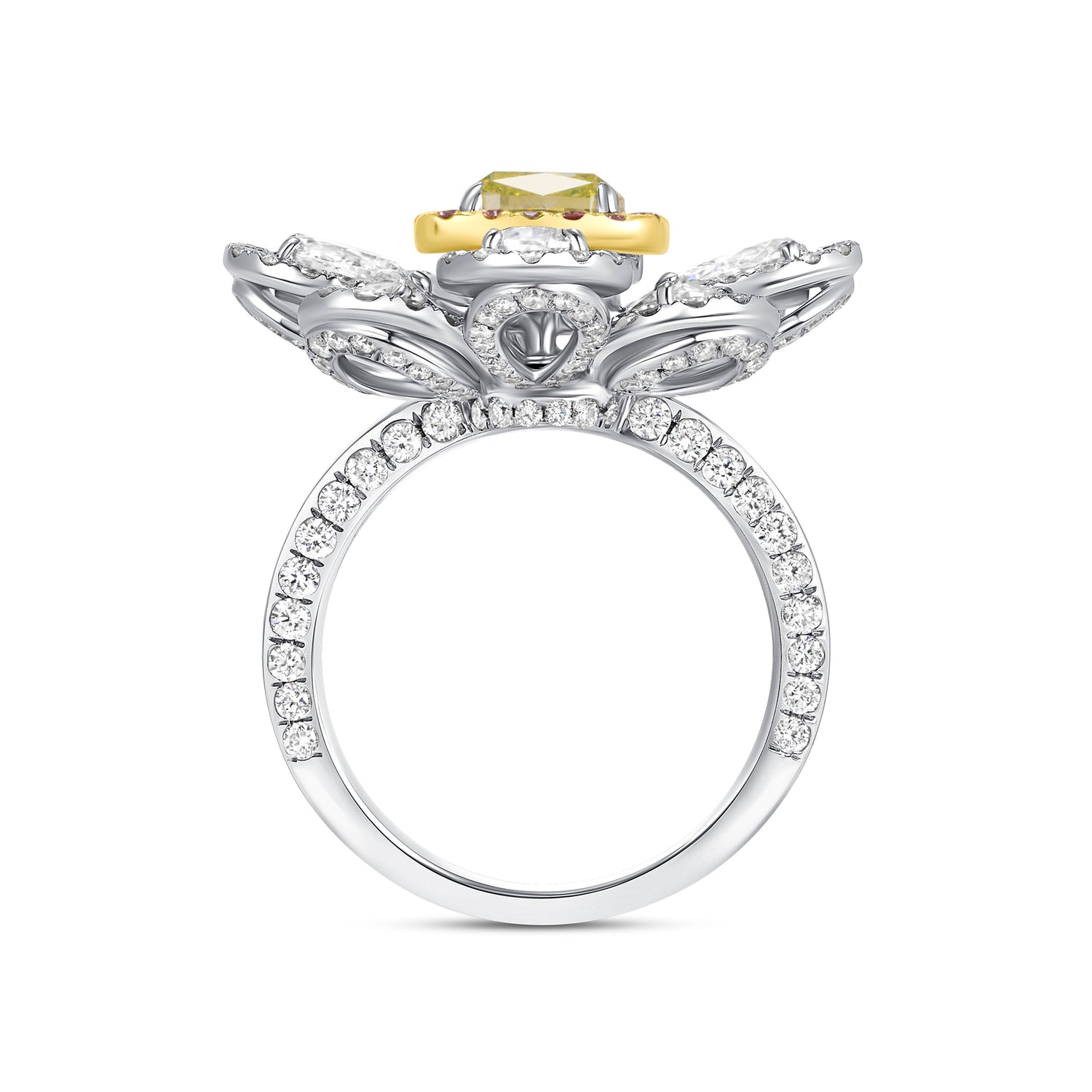 Cushion Cut Fancy Vivid Green-Yellow Diamond & Pink Diamond Halo Flower Ring with White Diamond Petals