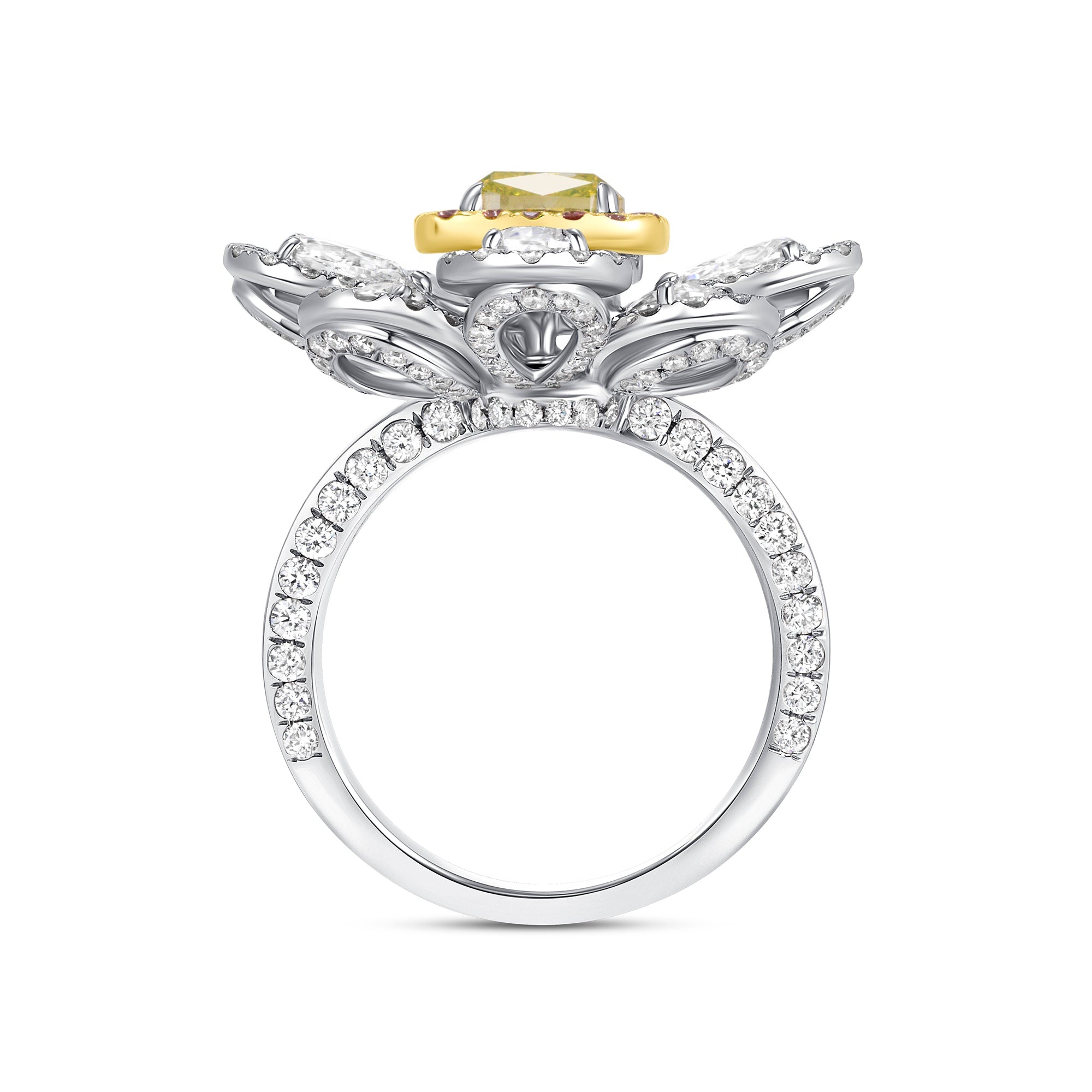 Cushion Cut Fancy Vivid Green-Yellow Diamond & Pink Diamond Halo Flower Ring with White Diamond Petals
