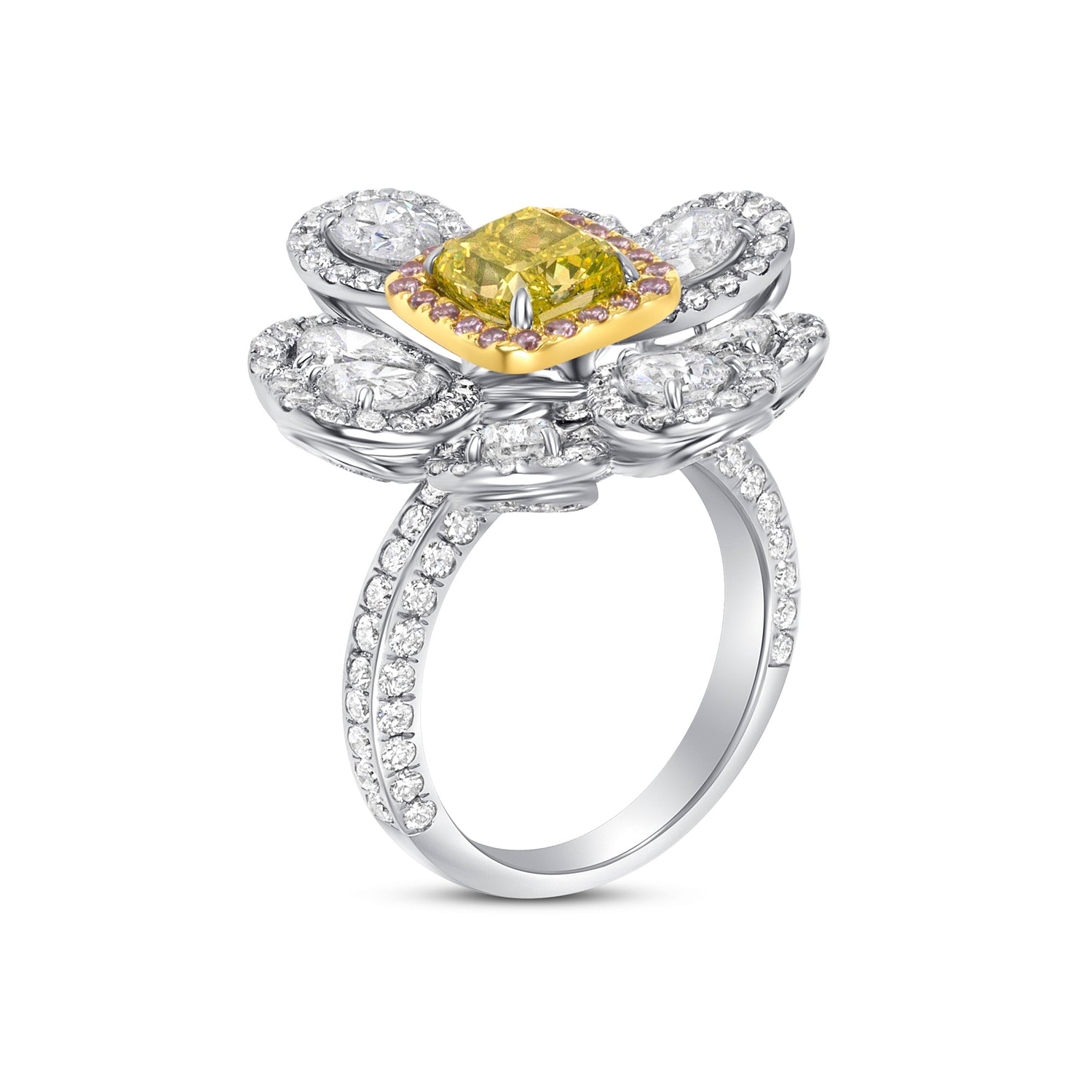 Cushion Cut Fancy Vivid Green-Yellow Diamond & Pink Diamond Halo Flower Ring with White Diamond Petals