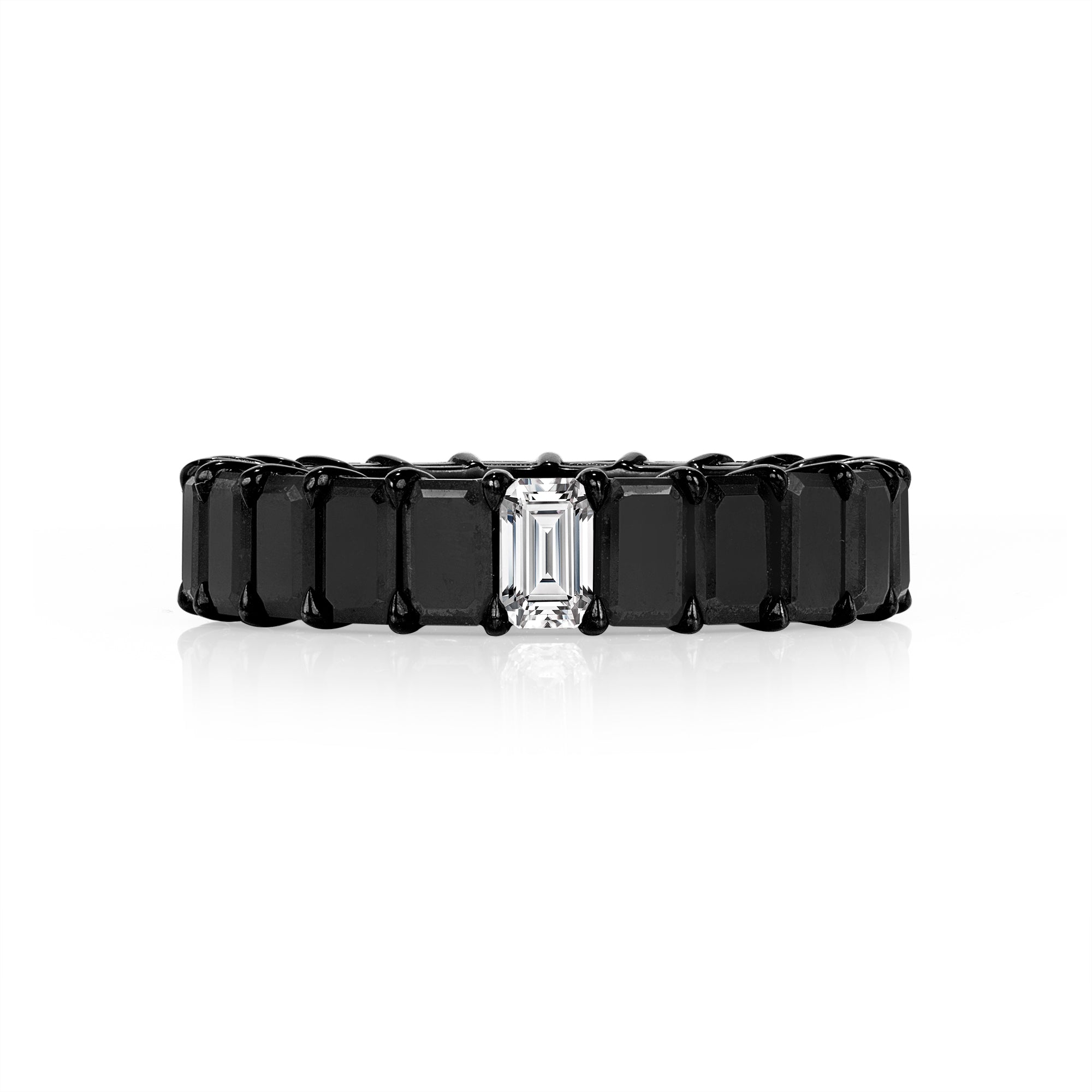 Emerald Cut Black Diamond Eternity Ring with White Diamond Accent