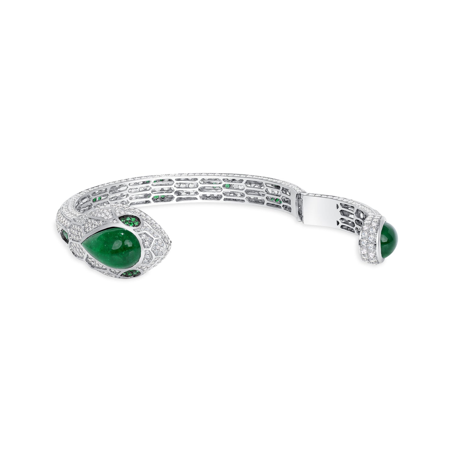 Pear Shape Cabochon Colombian Emerald and Diamond Melee Snake Cuff Bracelet