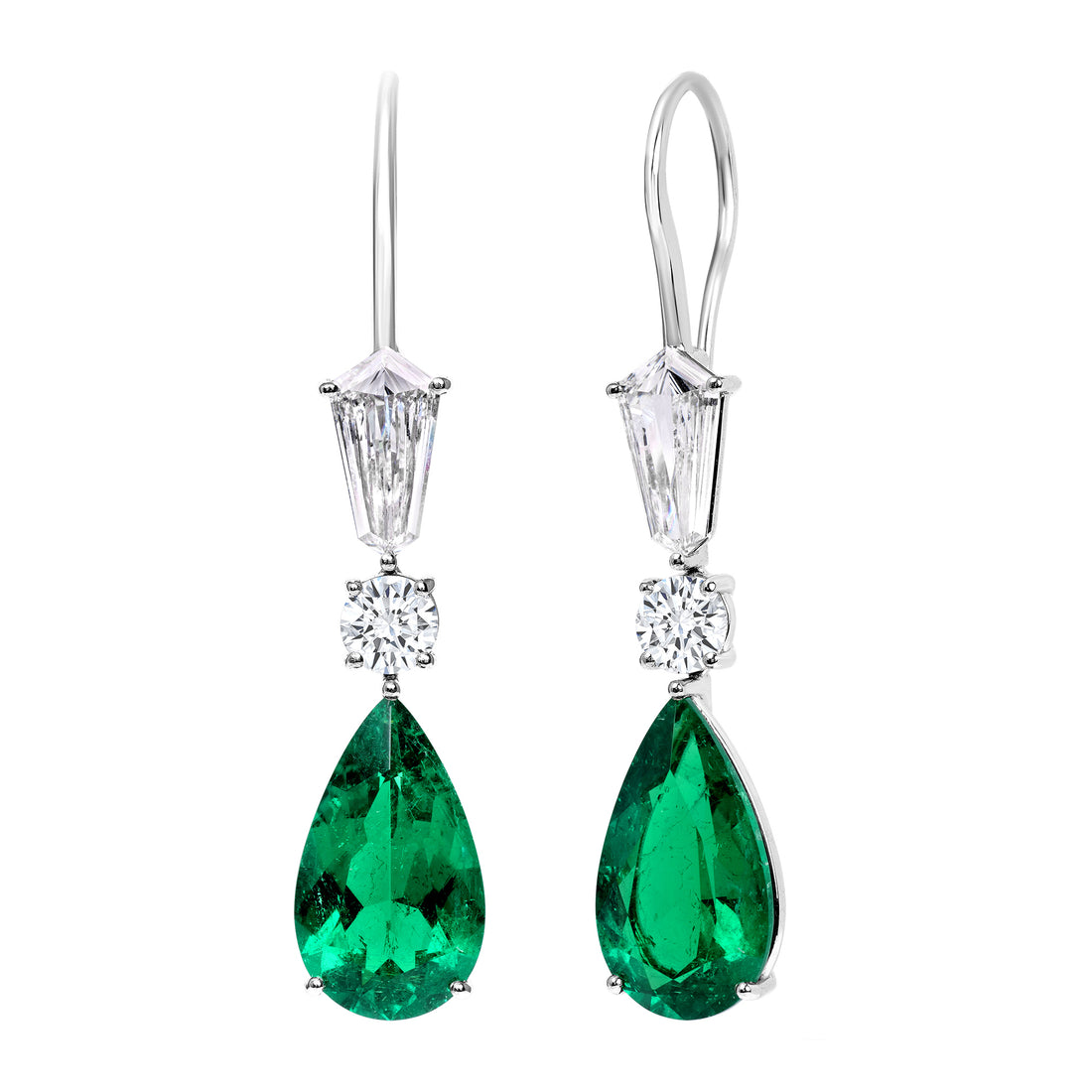 Pear Shape Colombian Emerald and Round Brilliant Diamond Drop Earrings