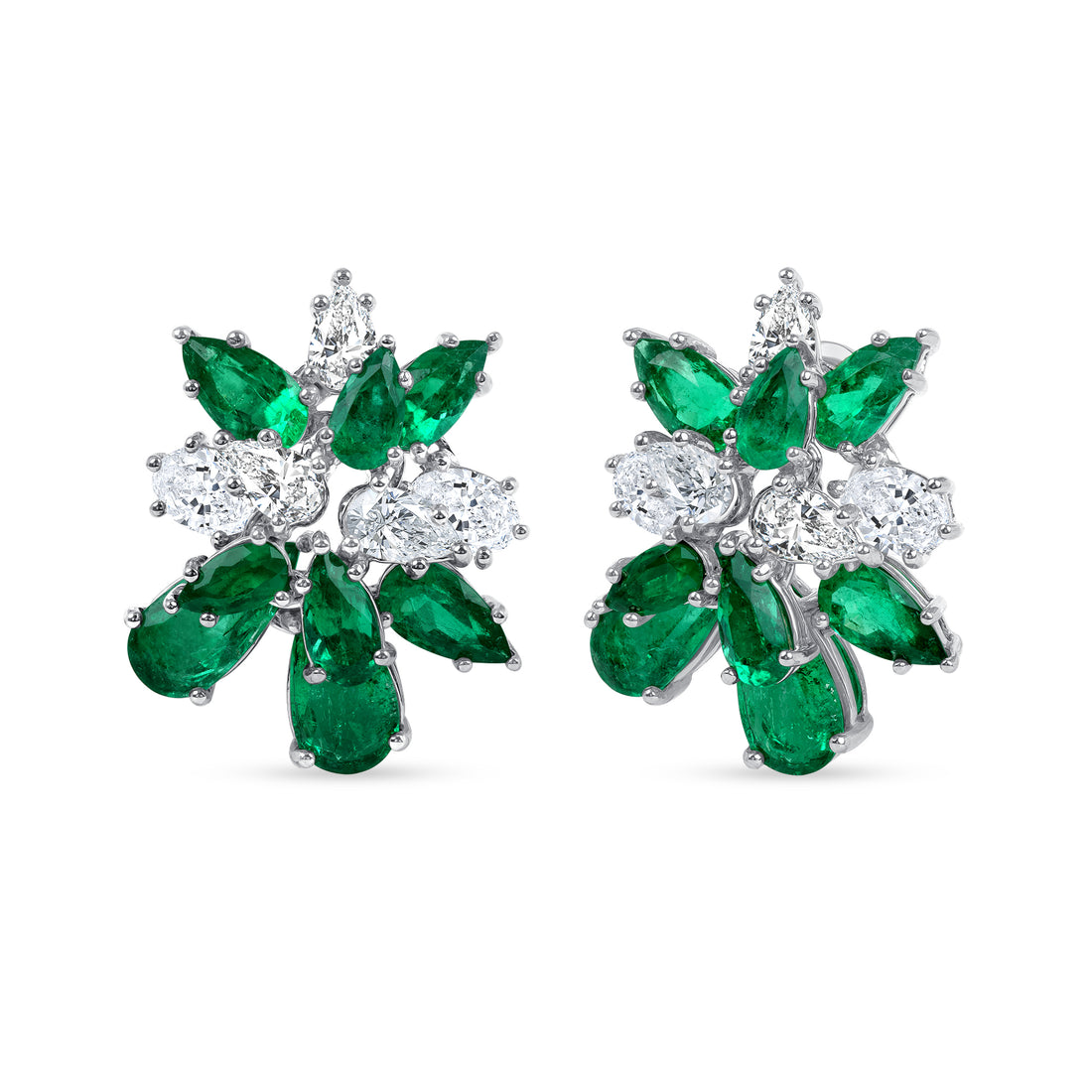 Pear Shape Colombian Emerald and Diamond Cluster Stud Earrings