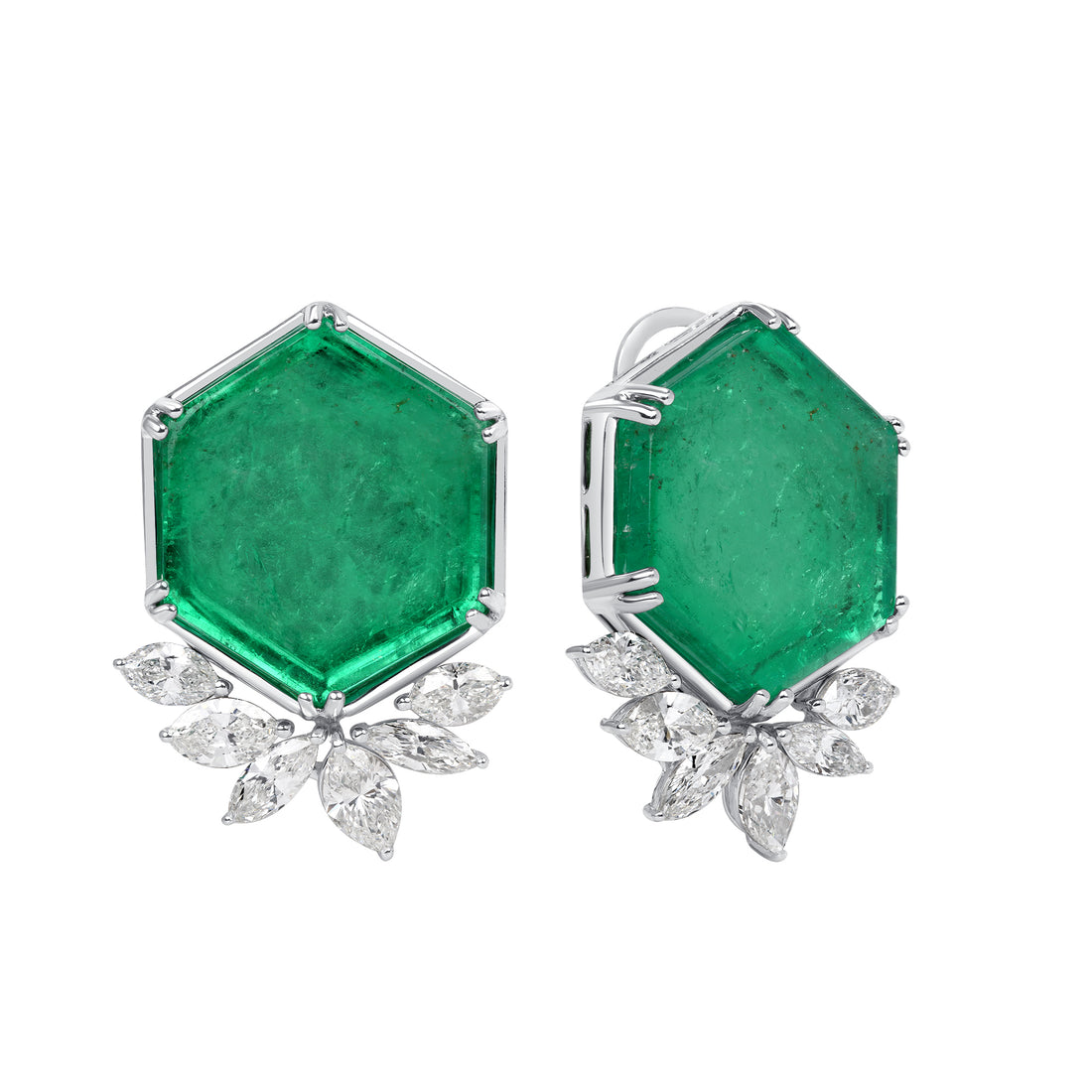 Hexagon Shape Colombian Emerald and Marquise Cut Diamond Stud Earrings