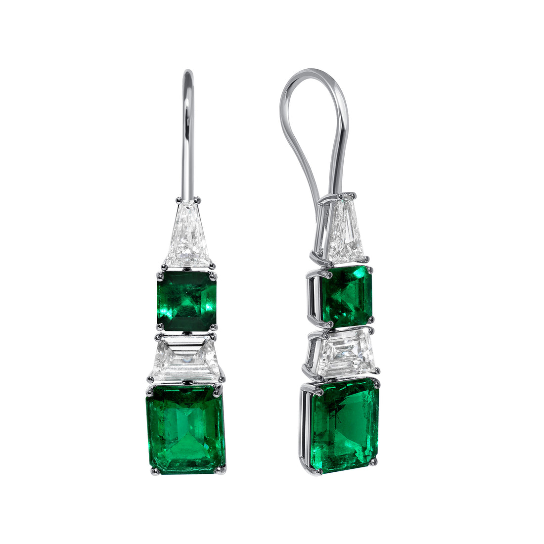 Trapezoid and Mix Cut Diamond and Emerald Cut Emerald Dangling Earrings