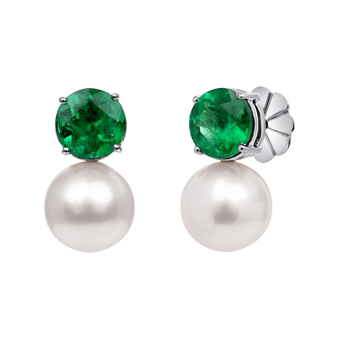 Platinum Round Brilliant Emerald and Pearl Stud Earrings