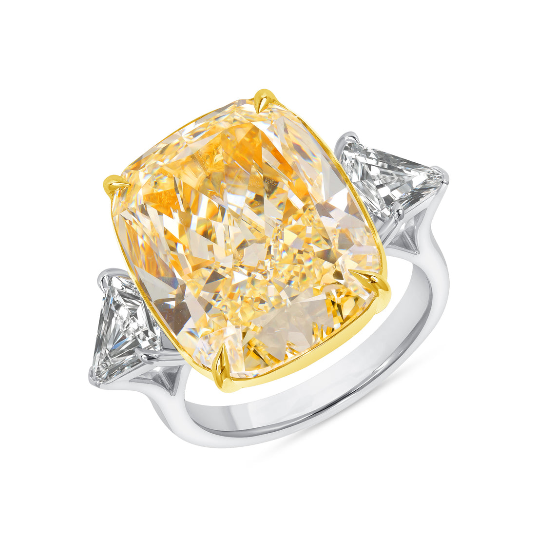 Cushion Cut Yellow Diamond Ring with Diamond Shield Side Stones