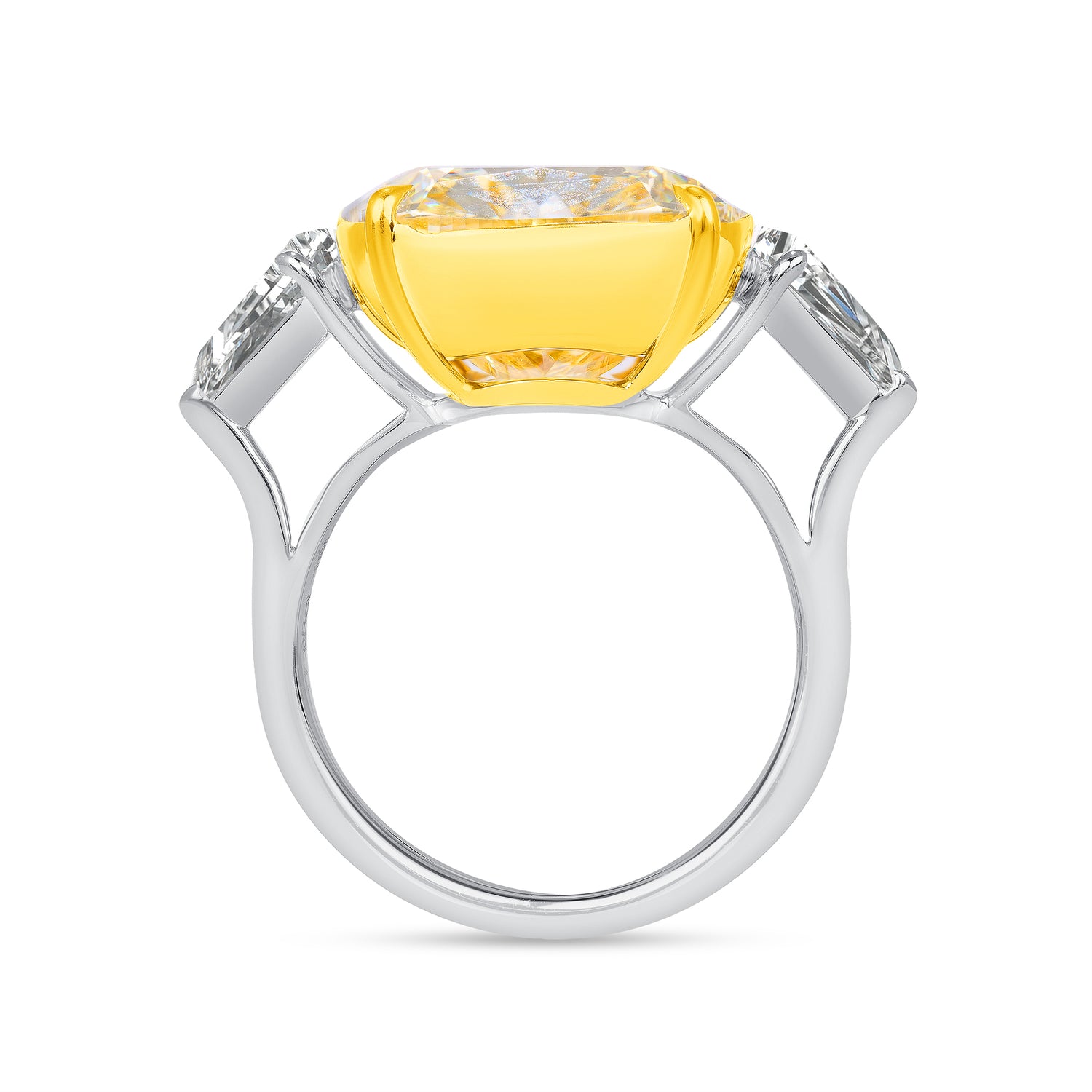 Cushion Cut Yellow Diamond Ring with Diamond Shield Side Stones