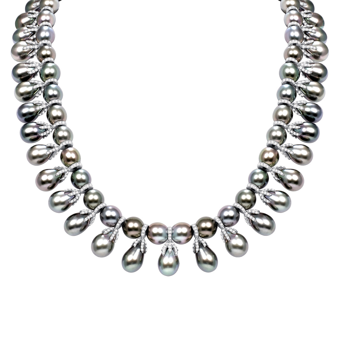 Black Pearl and Round Brilliant Melee Diamond Necklace