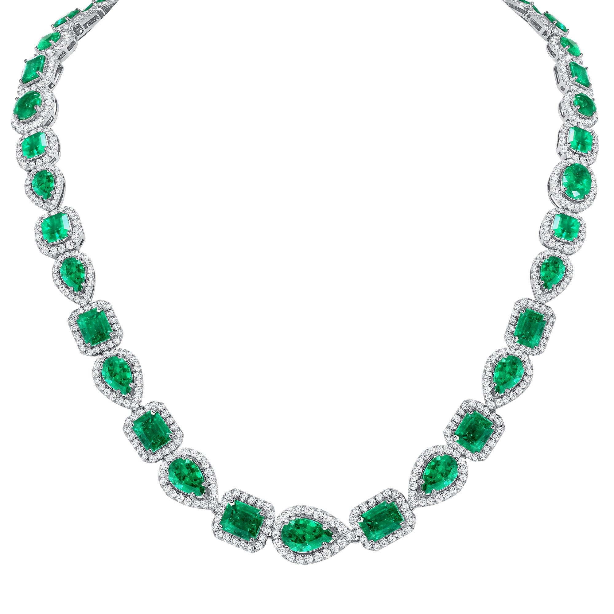 18k White Gold Mixed Colombian Emerald and Diamond Melee Necklace