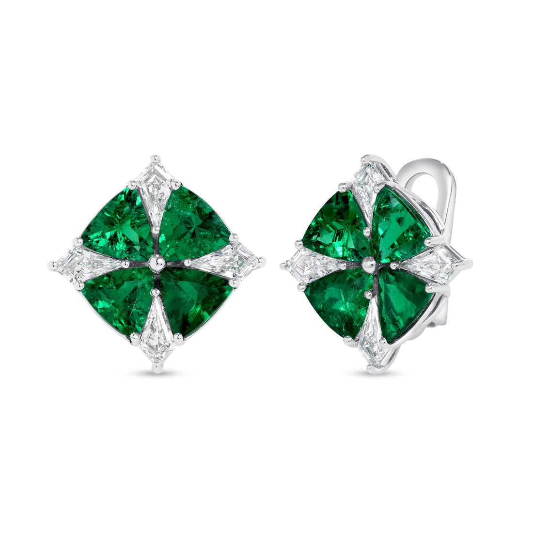 Triangle Shape Colombian Emeralds and Kite Shape Diamond Stud Earrings