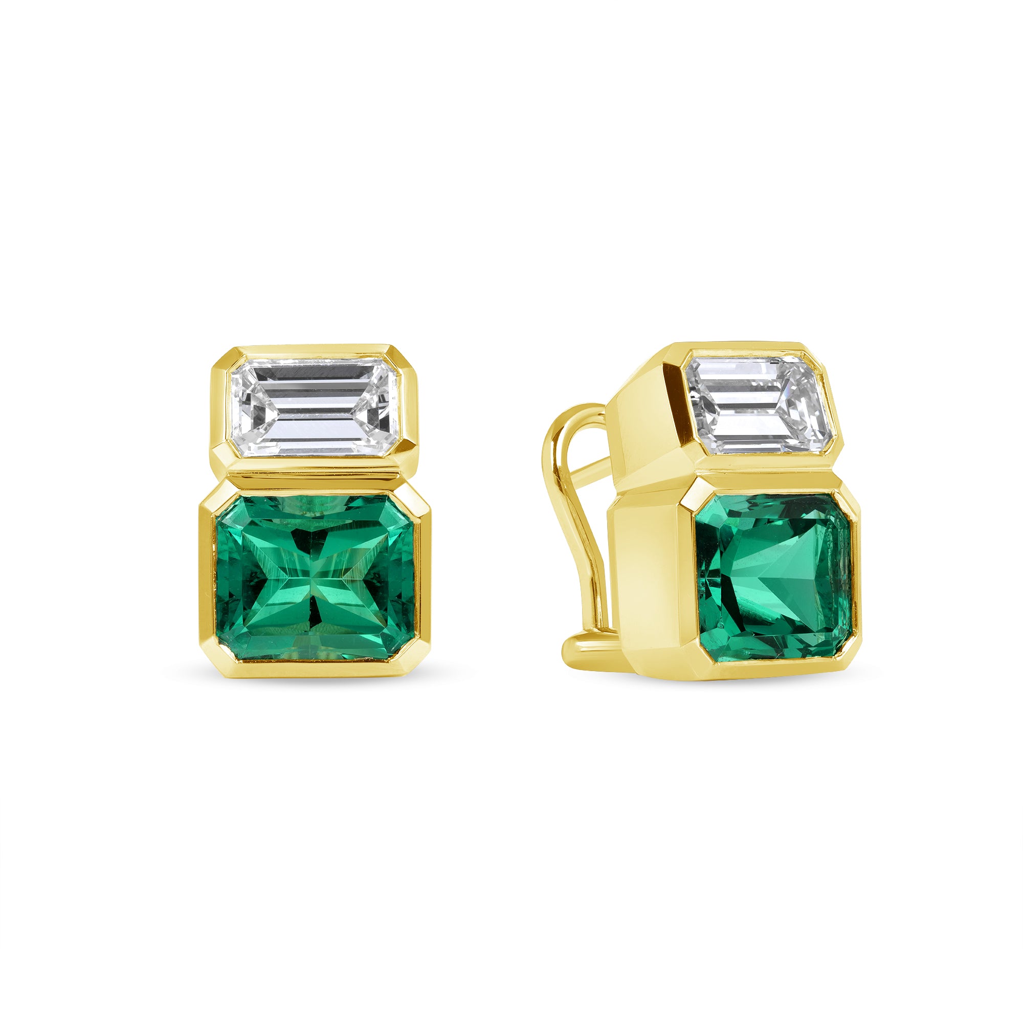 Green Emeralds and Emerald Cut Diamonds Earrings in 18k Yellow Gold