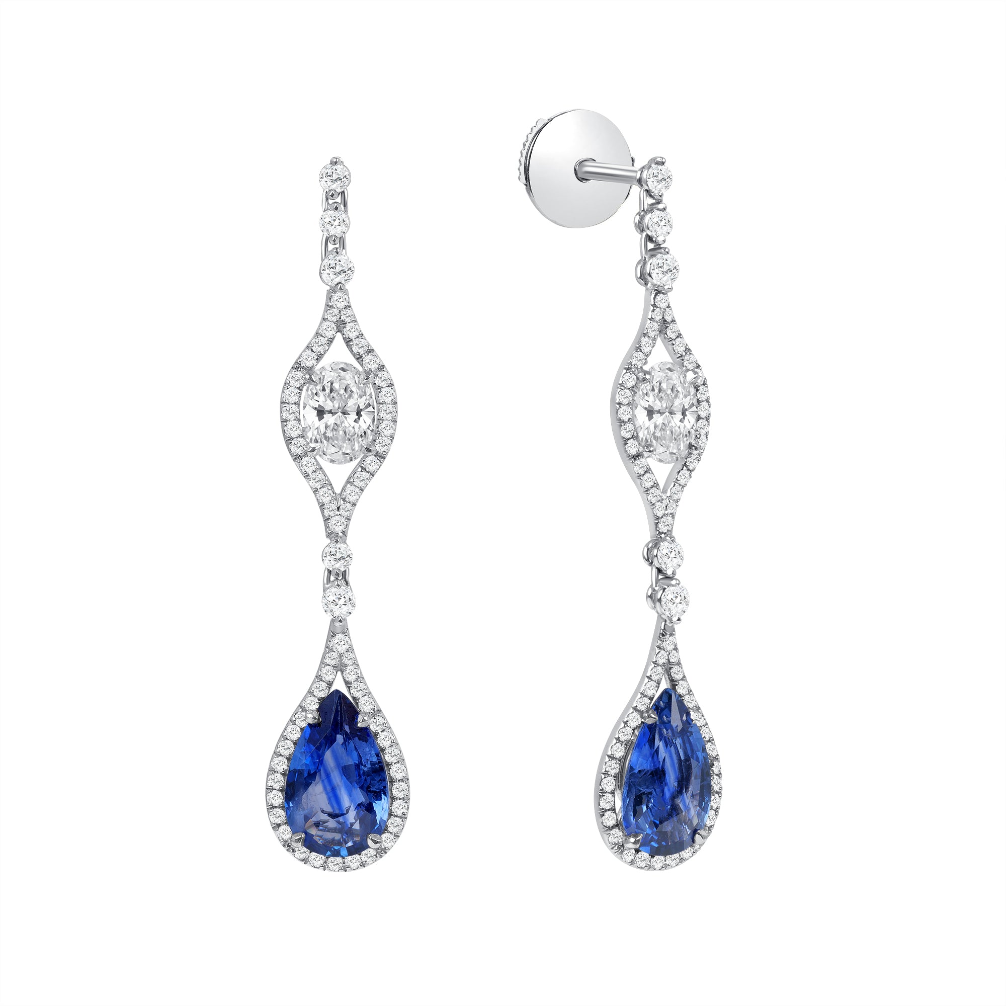 Round Brilliant Melee and Oval Diamond and Pear Shape Sapphire Drop Earrings