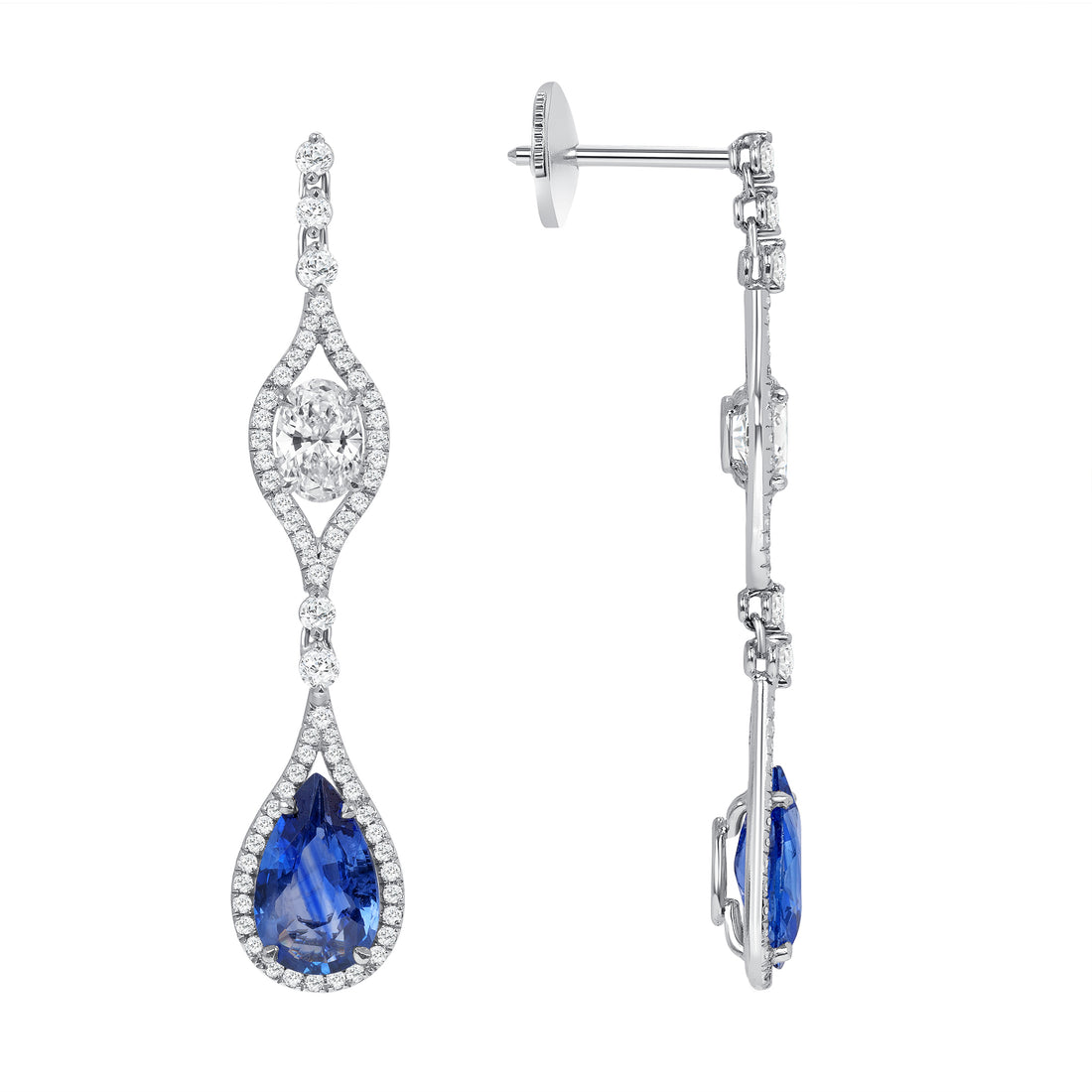 Round Brilliant Melee and Oval Diamond and Pear Shape Sapphire Drop Earrings