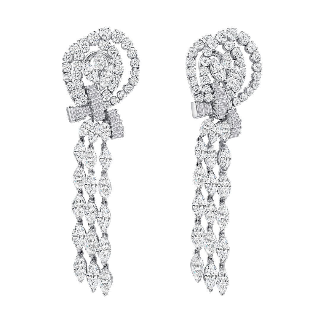 Round Brilliant and Baguette and Marquise Cut Diamond Ribbon Dangling Earrings