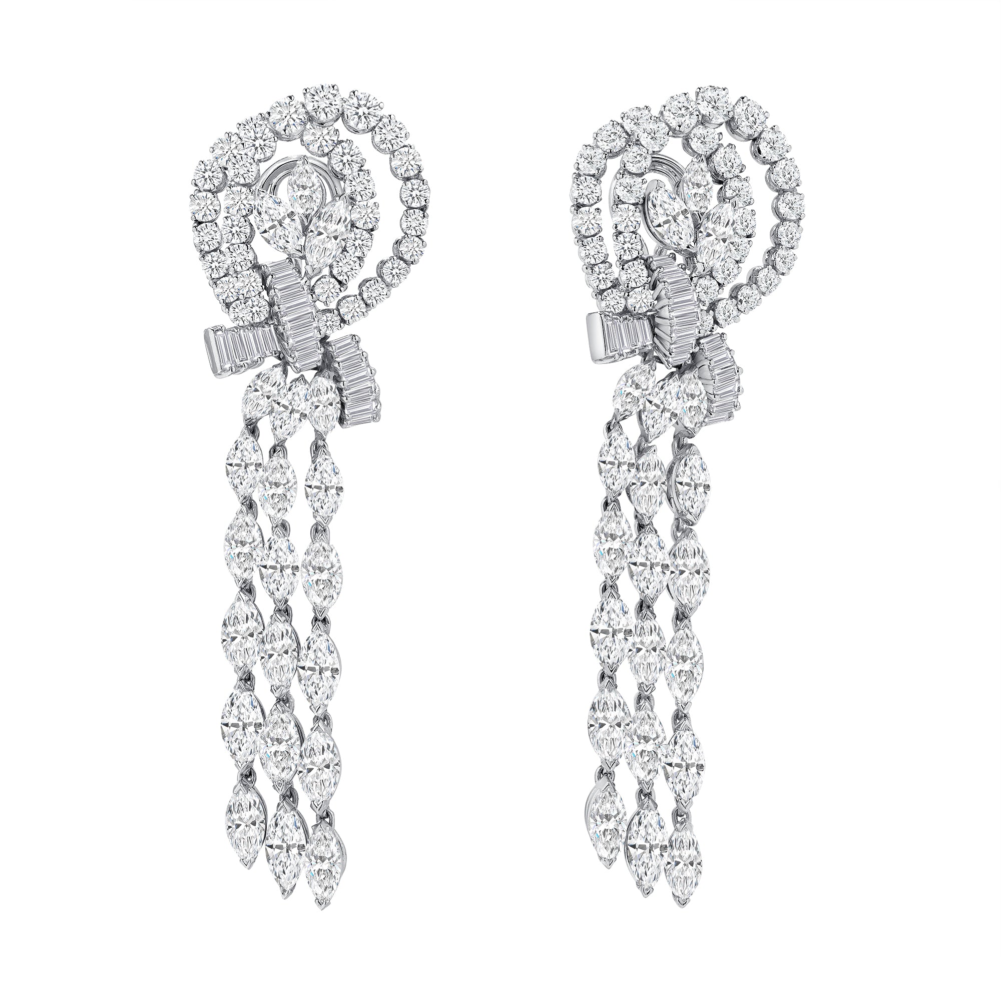 Round Brilliant and Baguette and Marquise Cut Diamond Ribbon Dangling Earrings