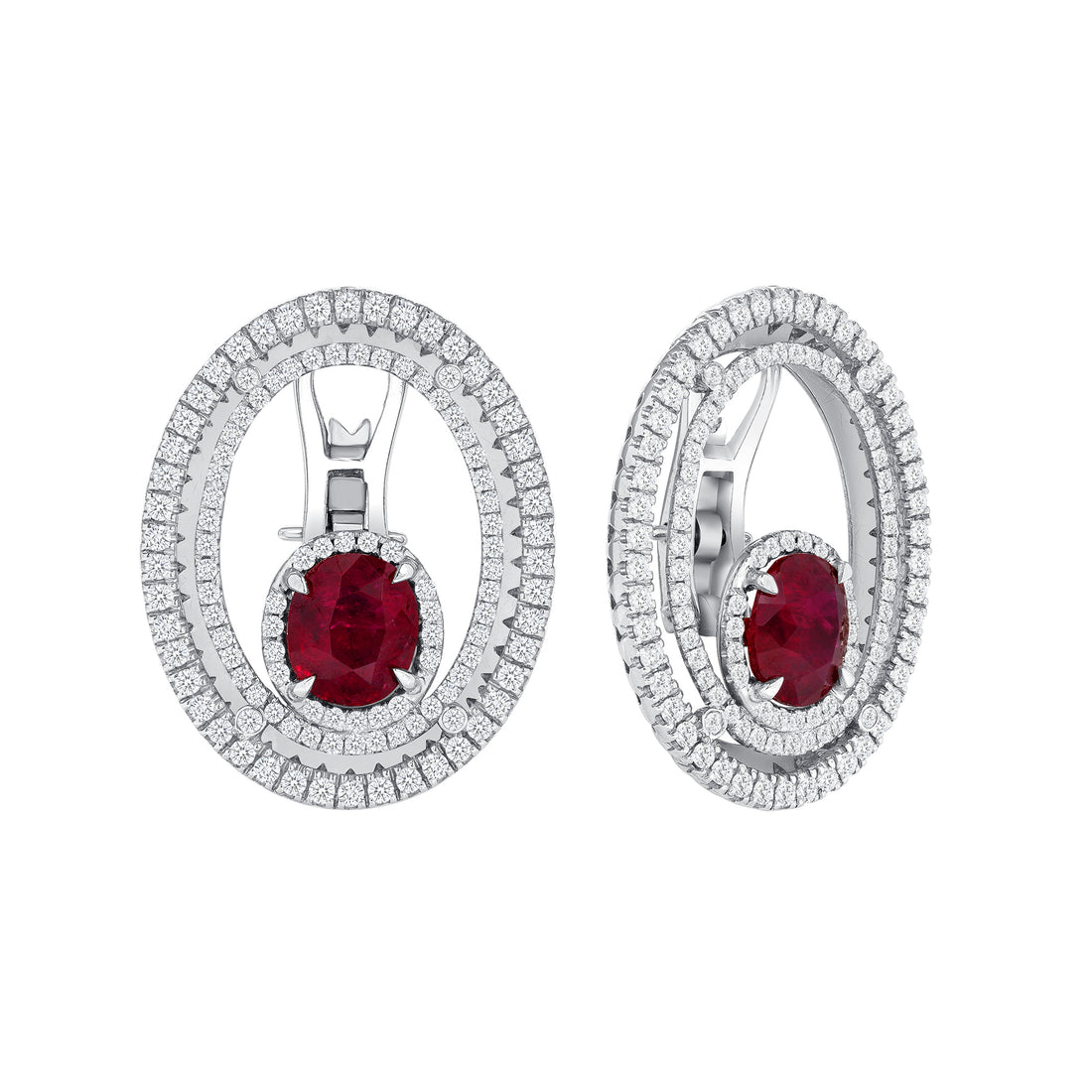 Oval Ruby and Round Brilliant Melee Diamond Stud Earrings