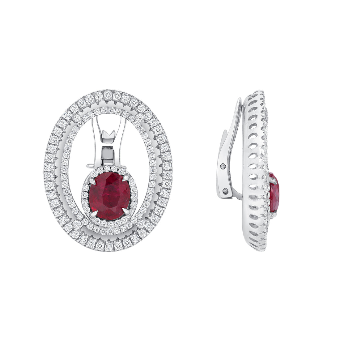 Oval Ruby and Round Brilliant Melee Diamond Stud Earrings