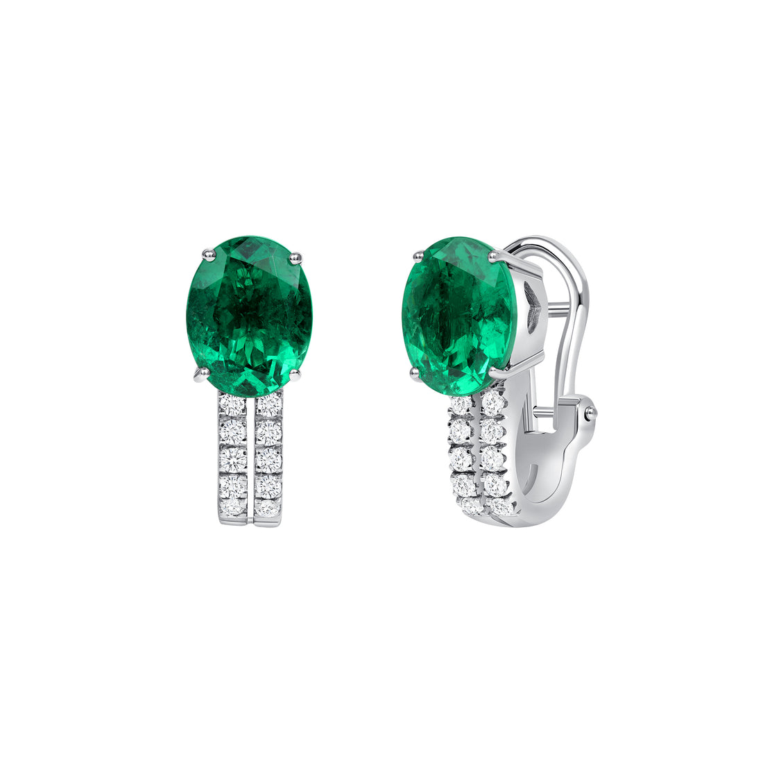 Round Brilliant Melee Diamond and Oval Emerald Huggie Earrings